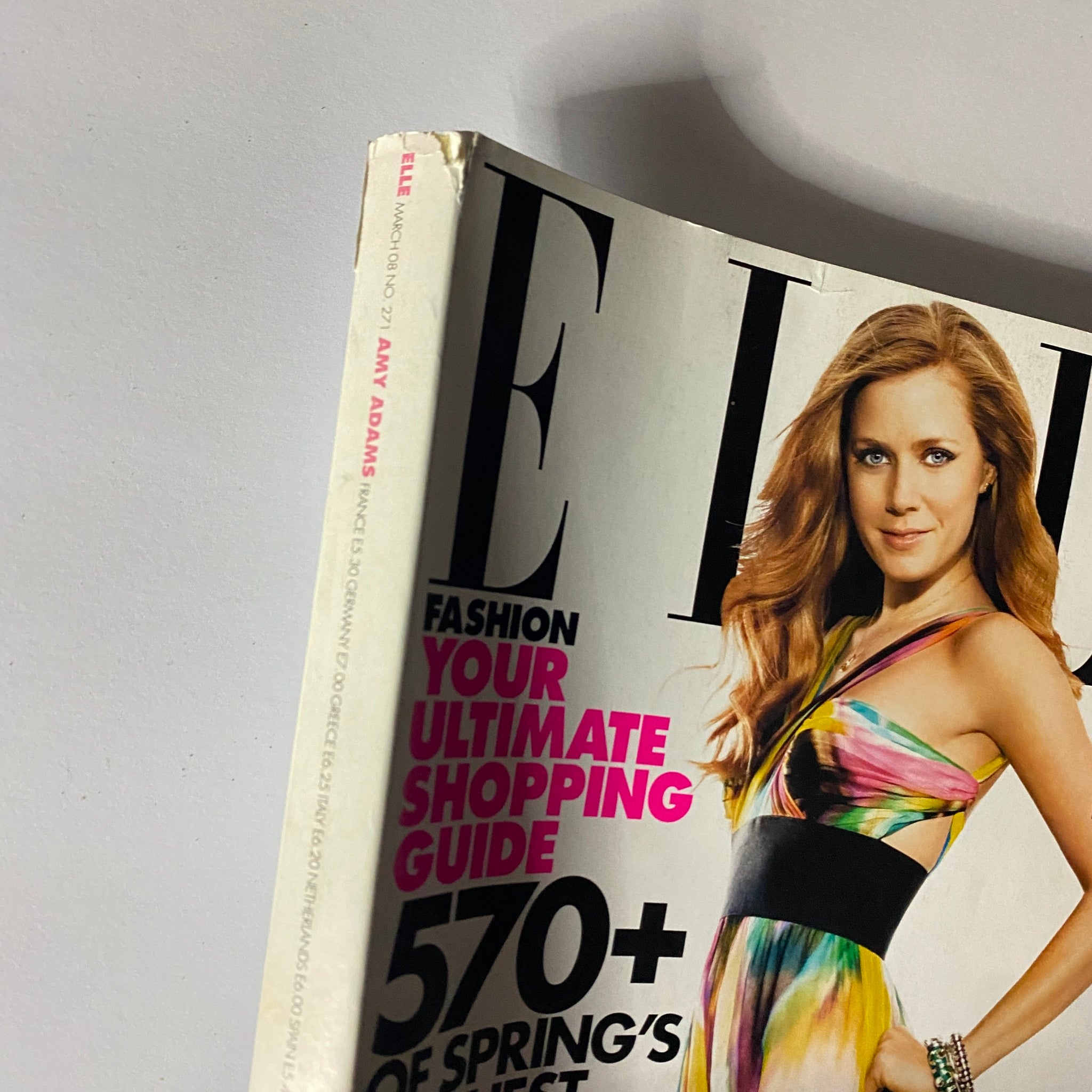 Cover of Elle Magazine March 2008 featuring Amy Adams, showcasing vibrant fashion and lifestyle themes.