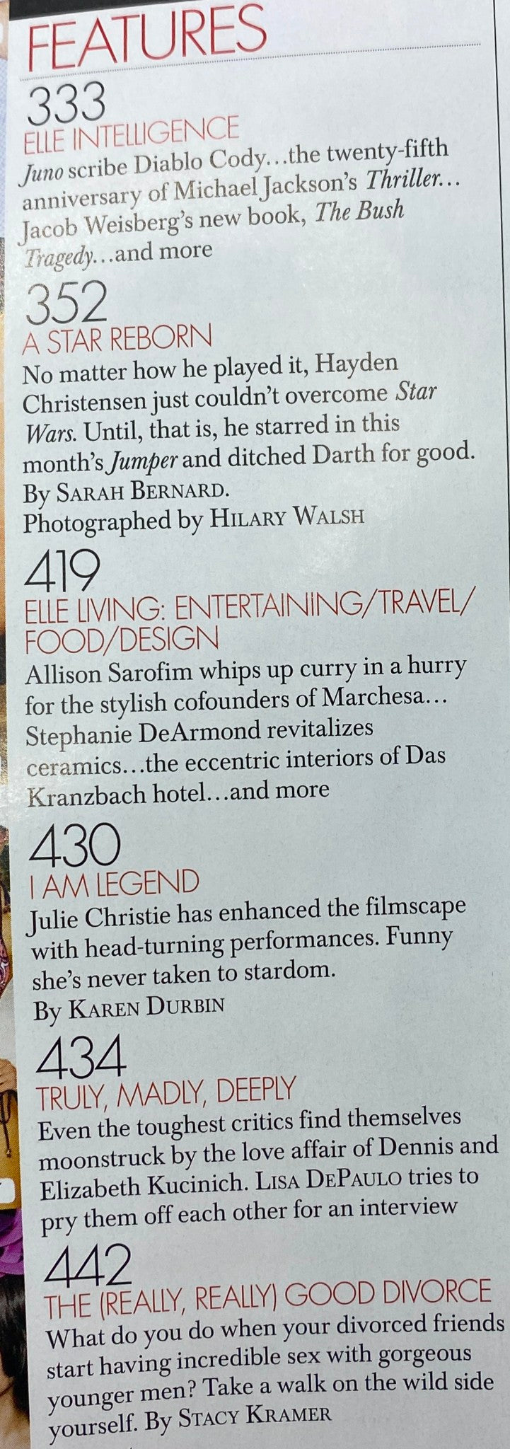 Inside page of Elle Magazine March 2008 highlighting featured articles including interviews and insights on contemporary cinema.