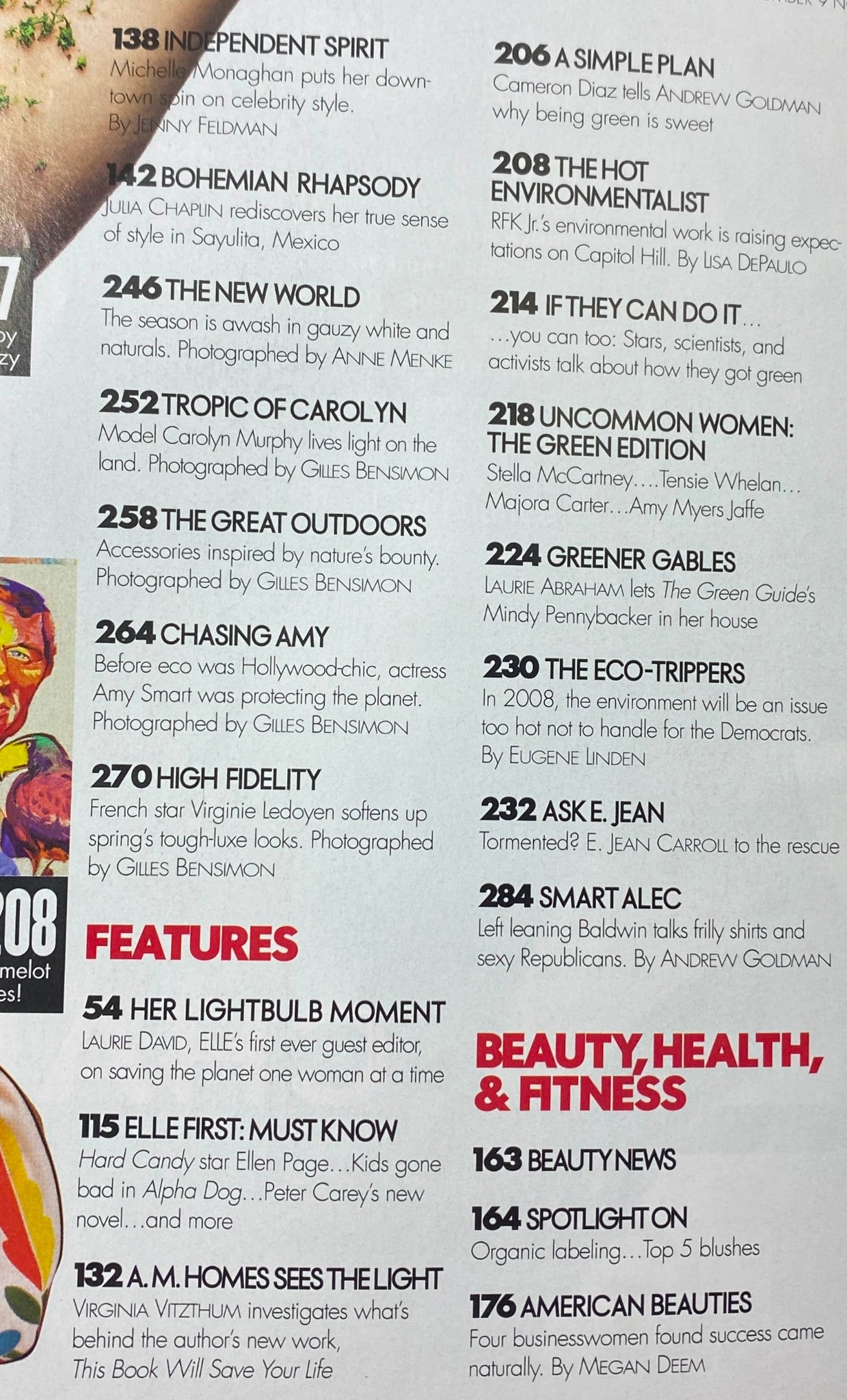 Table of contents from Elle Magazine May 2006, listing features including articles on celebrity style and personal narratives reflective of this period in fashion.