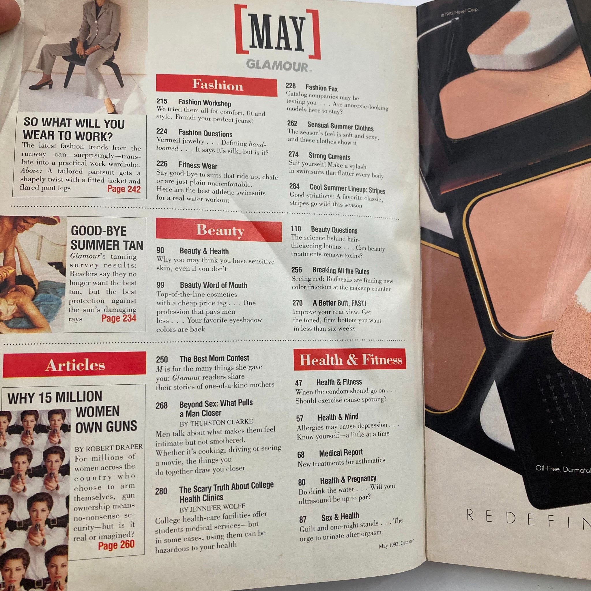 Glamour Magazine May 1993 contents page featuring articles on fashion, beauty, and health & fitness. Highlights include 'A Better Butt, Fast' and 'Fashion Workshop'.