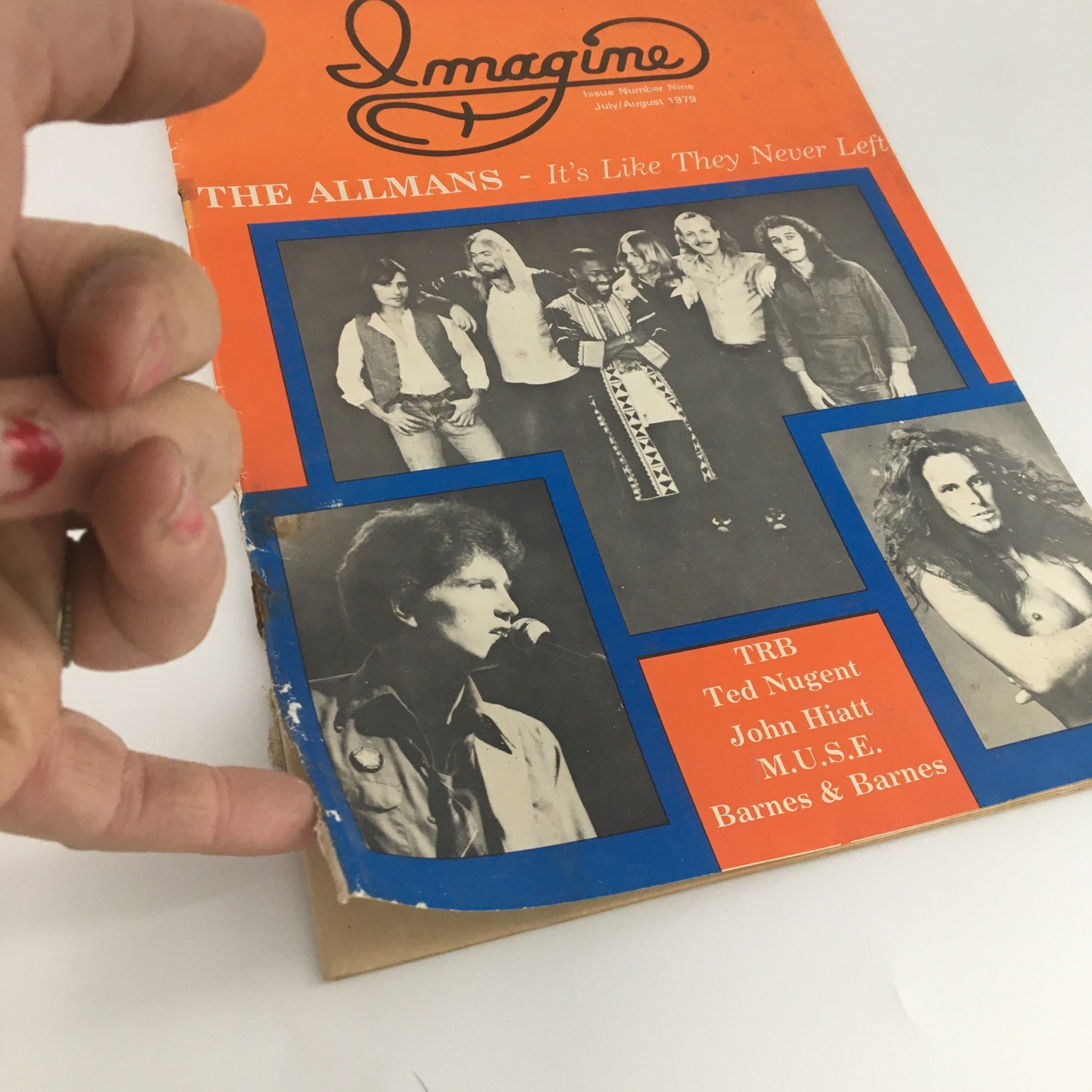 Detail view of the VTG Imagine Magazine July-August 1979 #9, highlighting the wear and tear on the cover while featuring the Allman Brothers and other music icons.