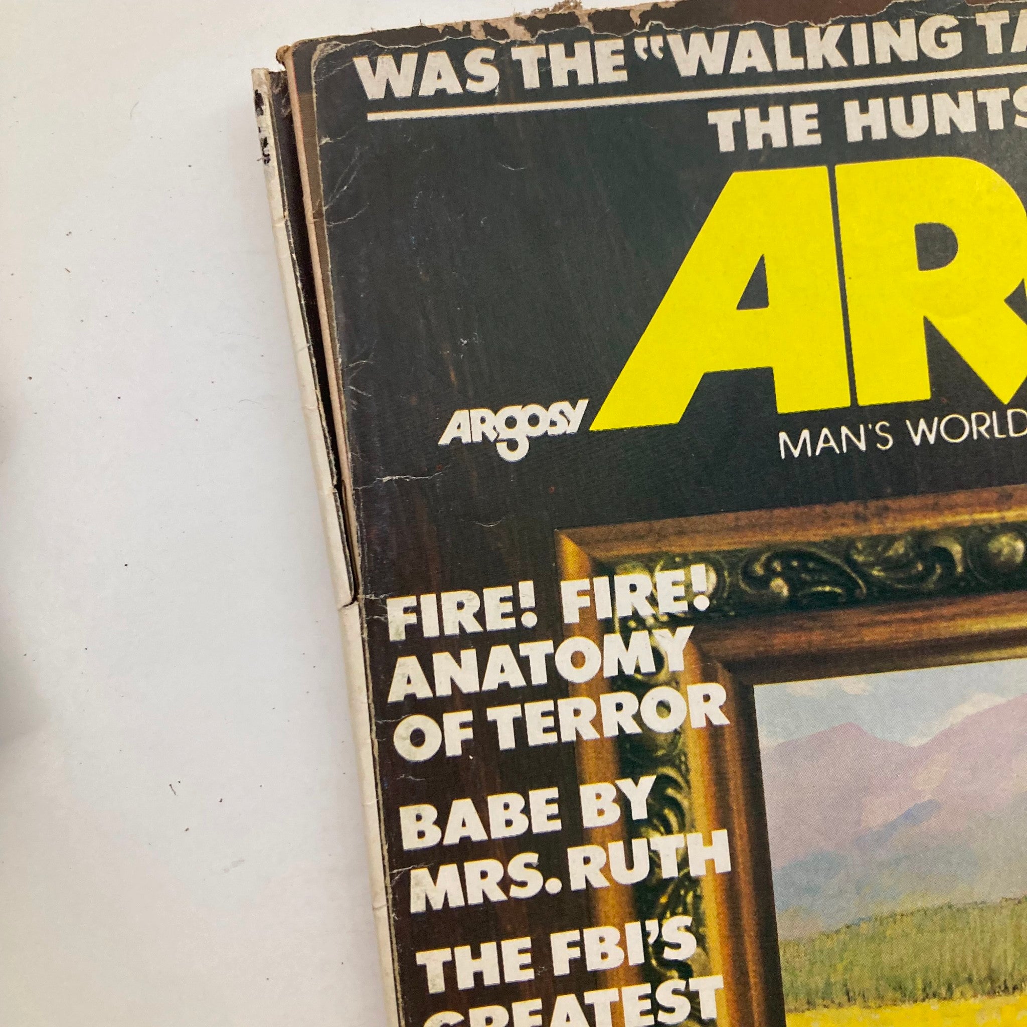 Close-up of the cover text from VTG Argosy Magazine Man's World November 1974 highlighting various articles including 'The Hunts of Papa Hemingway' and 'The FBI's Greatest Cases'.