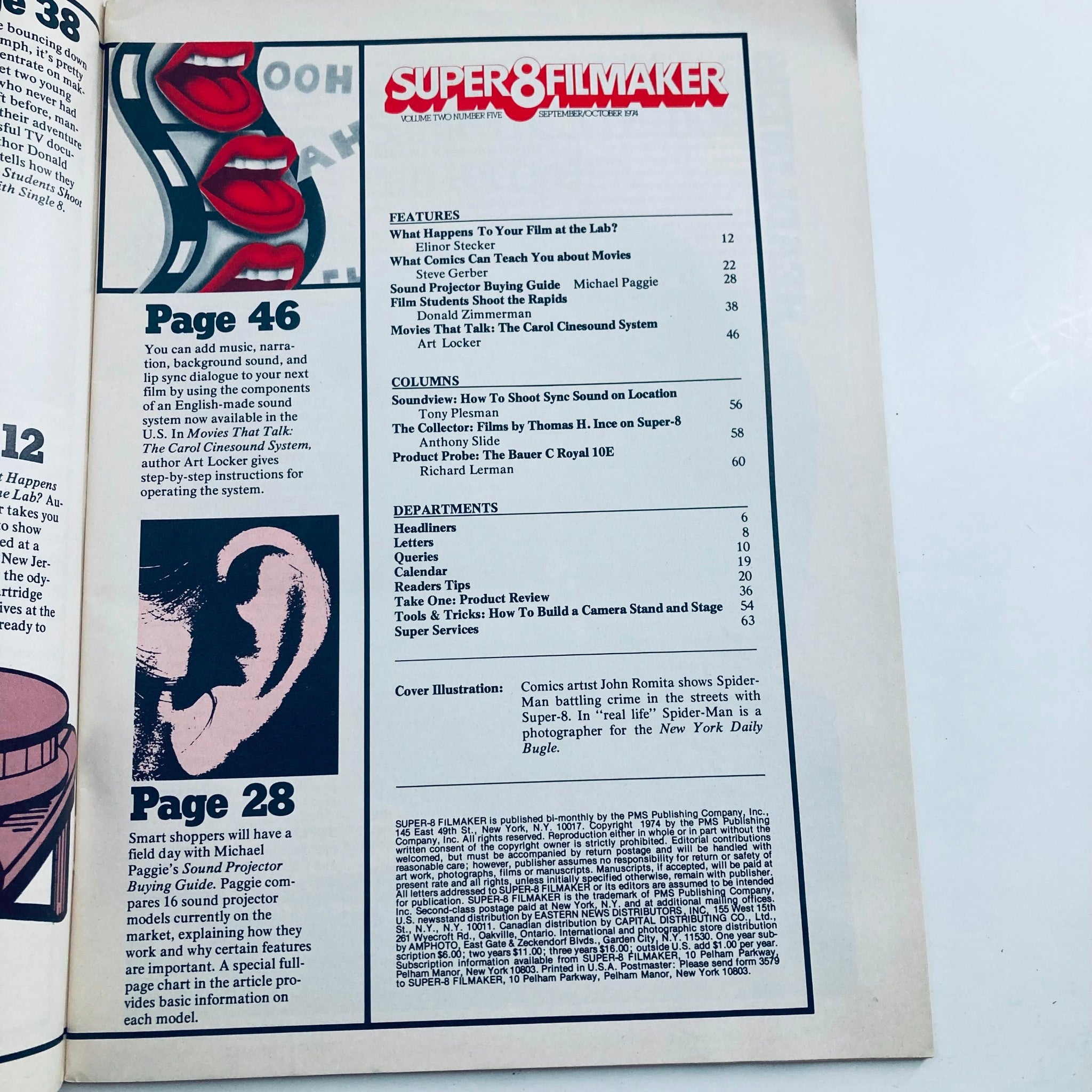 Inside page of VTG Super-8 Filmaker Magazine from September 1974, featuring articles, a cover illustration by John Romita showcasing Spider-Man battling crime, and various columns and features related to Super 8 filmmaking.