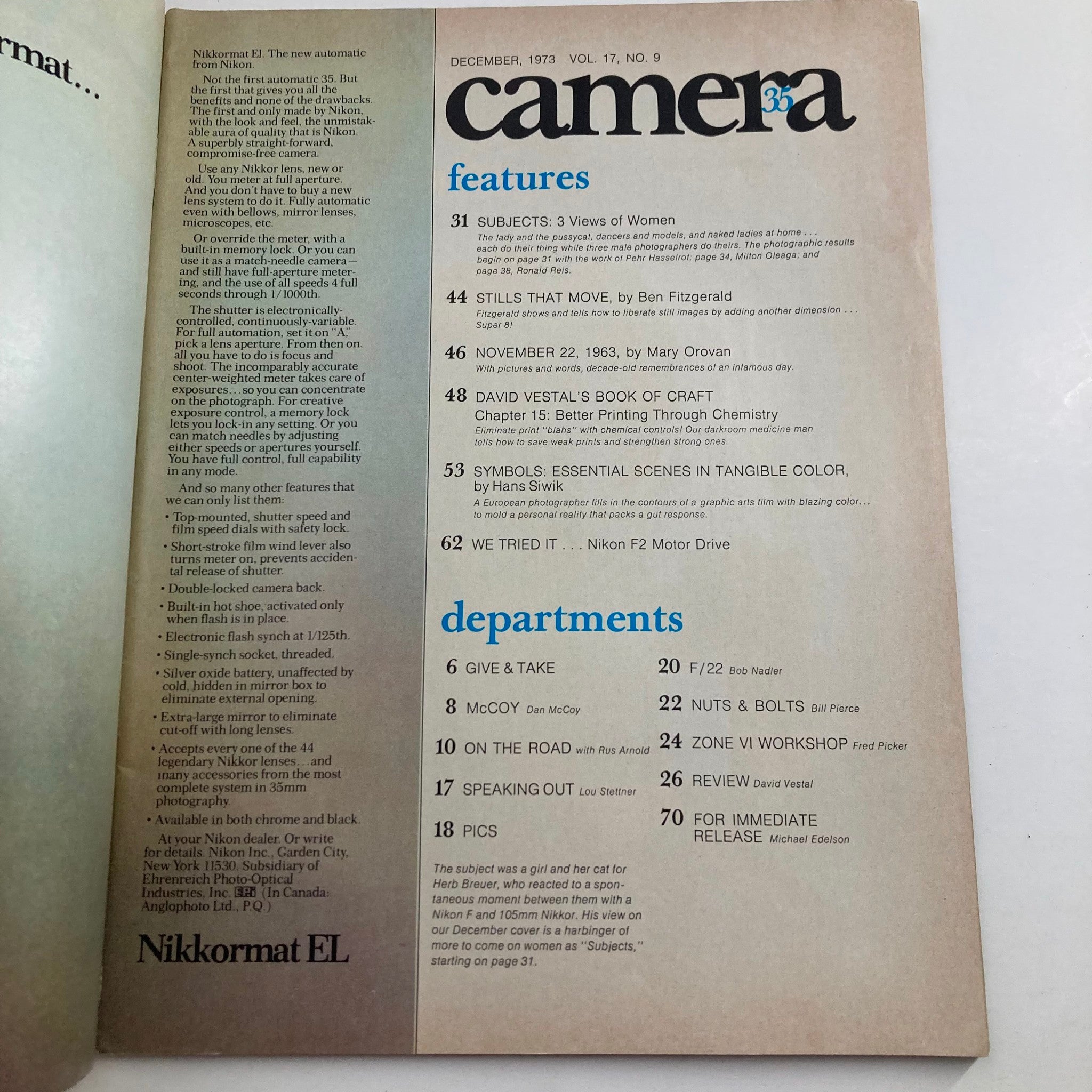 Interior of Camera 35 Magazine December 1973 Vol 17 No. 9 displaying magazine features and article topics, including 'Nikkormat EL' camera details and photography techniques.