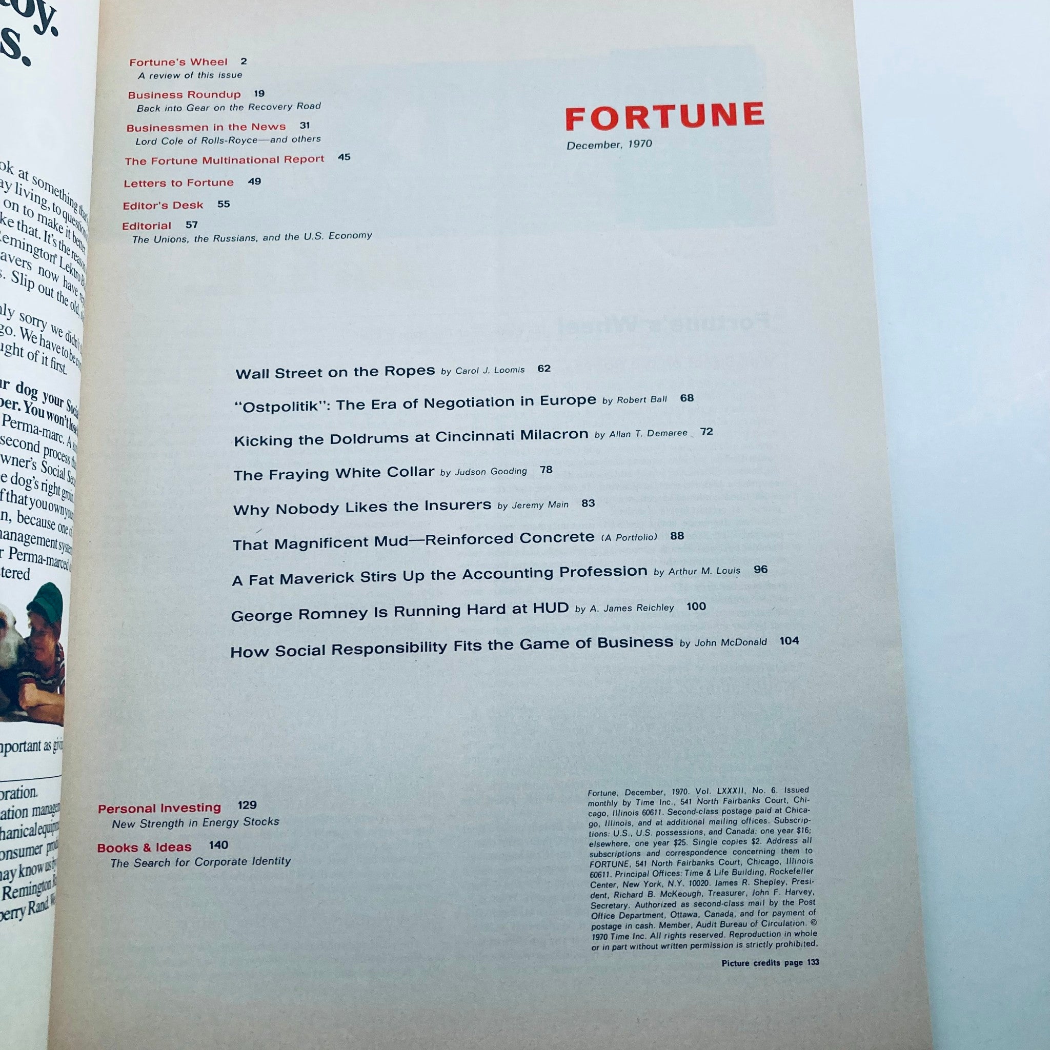 Inside page of the VTG Fortune Magazine December 1970 displaying the table of contents, highlighting various articles related to Wall Street and economic analysis.