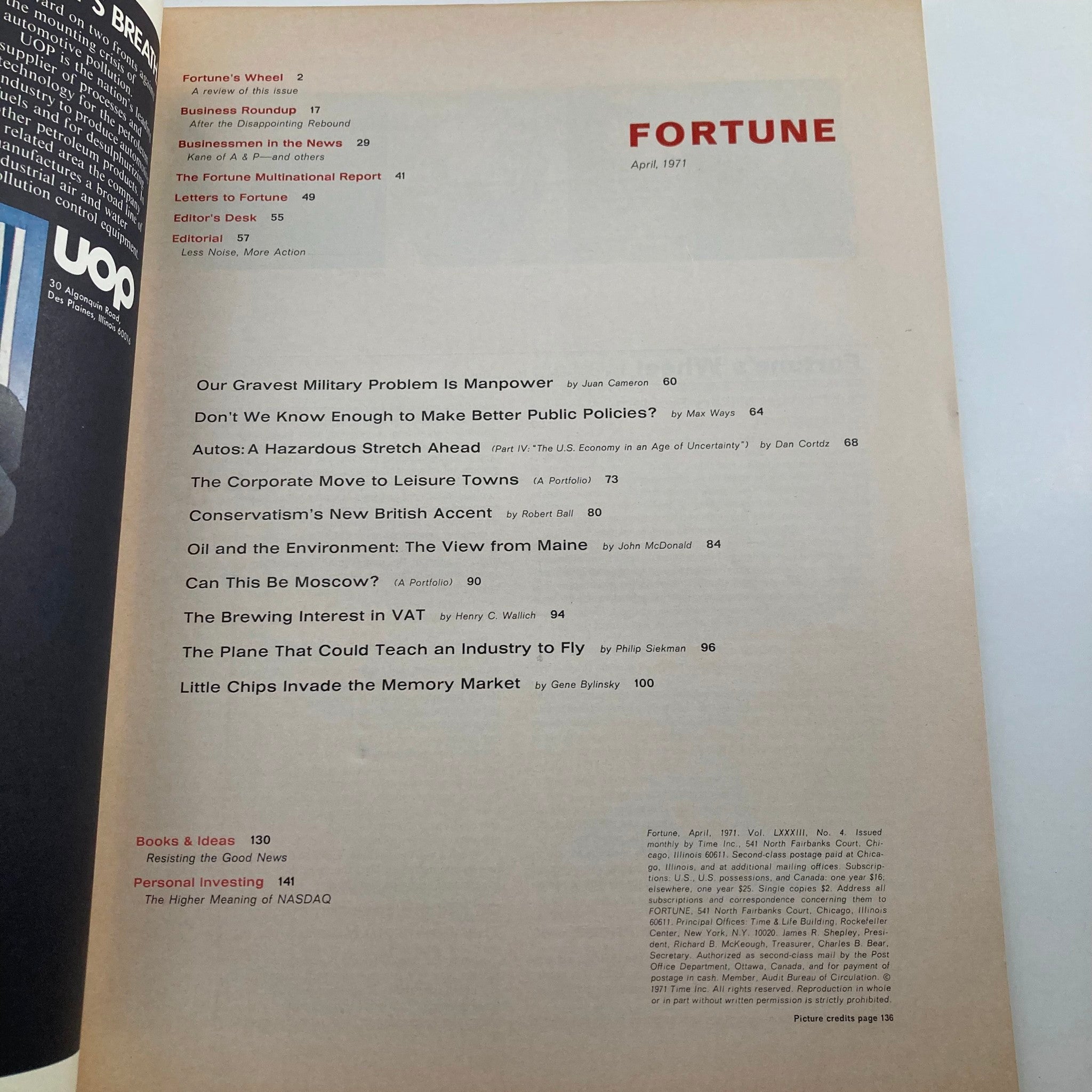 Interior page of Fortune Magazine April 1971 displaying the table of contents, including features like 'The Corporate Move to Leisure Towns' and 'The Plane That Could Teach an Industry to Fly', highlighting important articles from that issue.