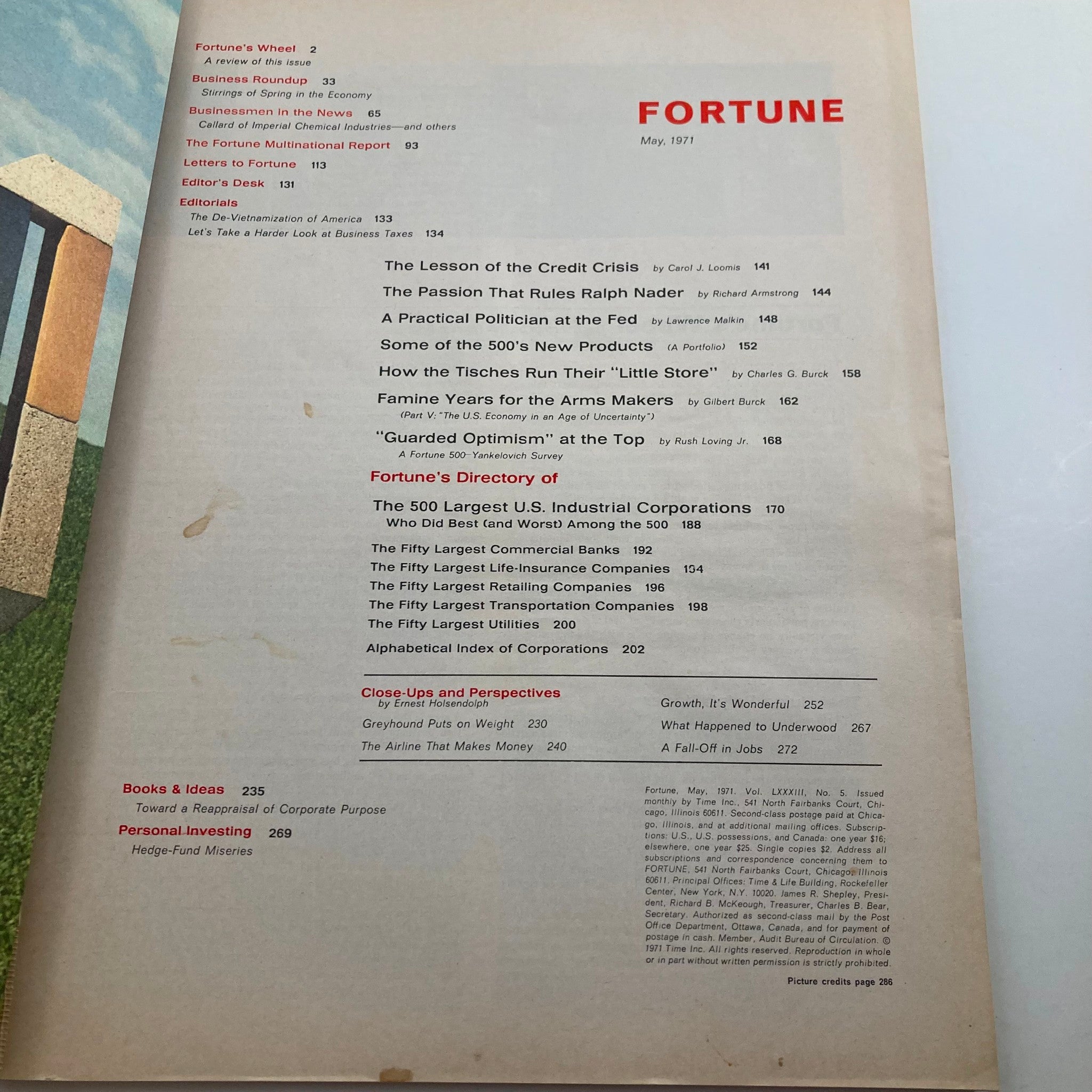 Interior page from the May 1971 issue of VTG Fortune Magazine featuring an article list and table of contents, highlighting the largest U.S. corporations of the time.