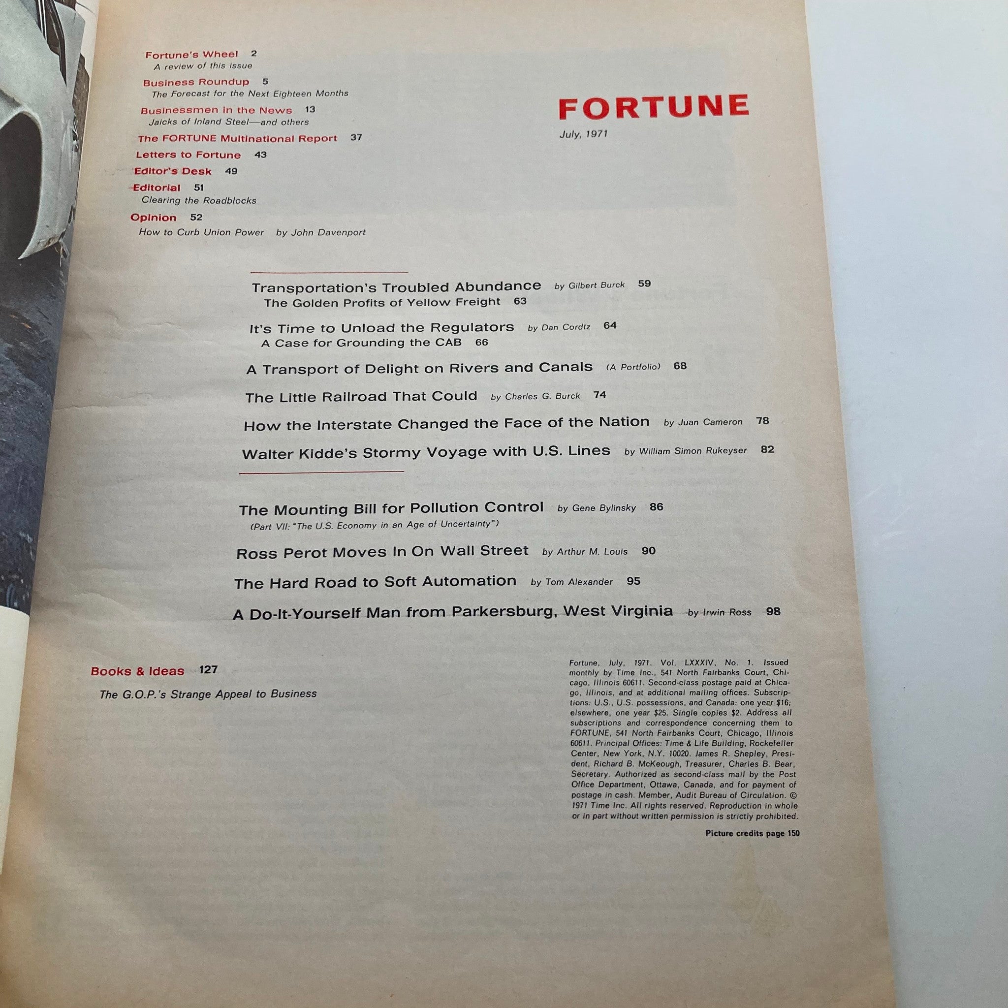 Interior page of the VTG Fortune Magazine July 1971 titled 'The U.S. Transportation System', featuring a table of contents with various articles related to transportation and economics.