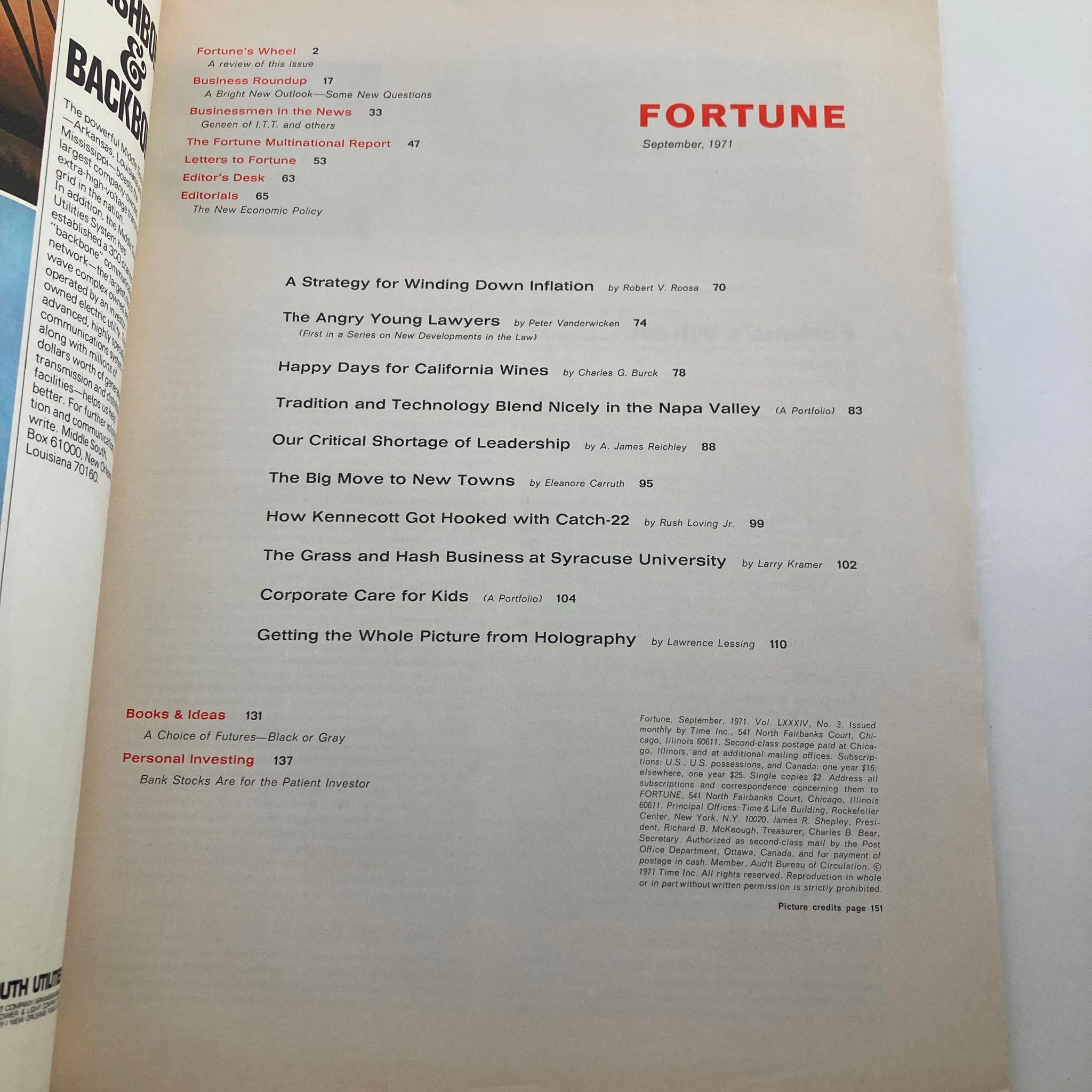 Interior page of VTG Fortune Magazine September 1971 displaying the table of contents, showcasing articles including 'A Strategy for Winding Down Inflation'.