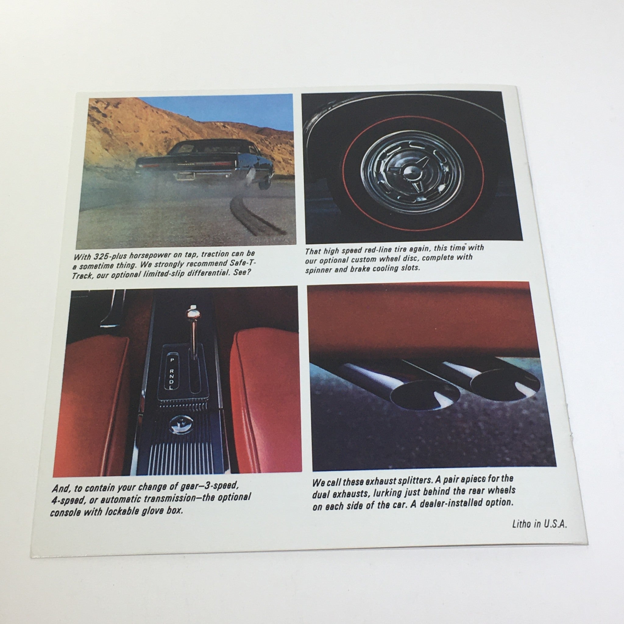 Interior spread of the 1964 Pontiac GTO catalog showcasing features such as high horsepower, 3 to 4-speed transmission, and detailed images of the car's specifications.