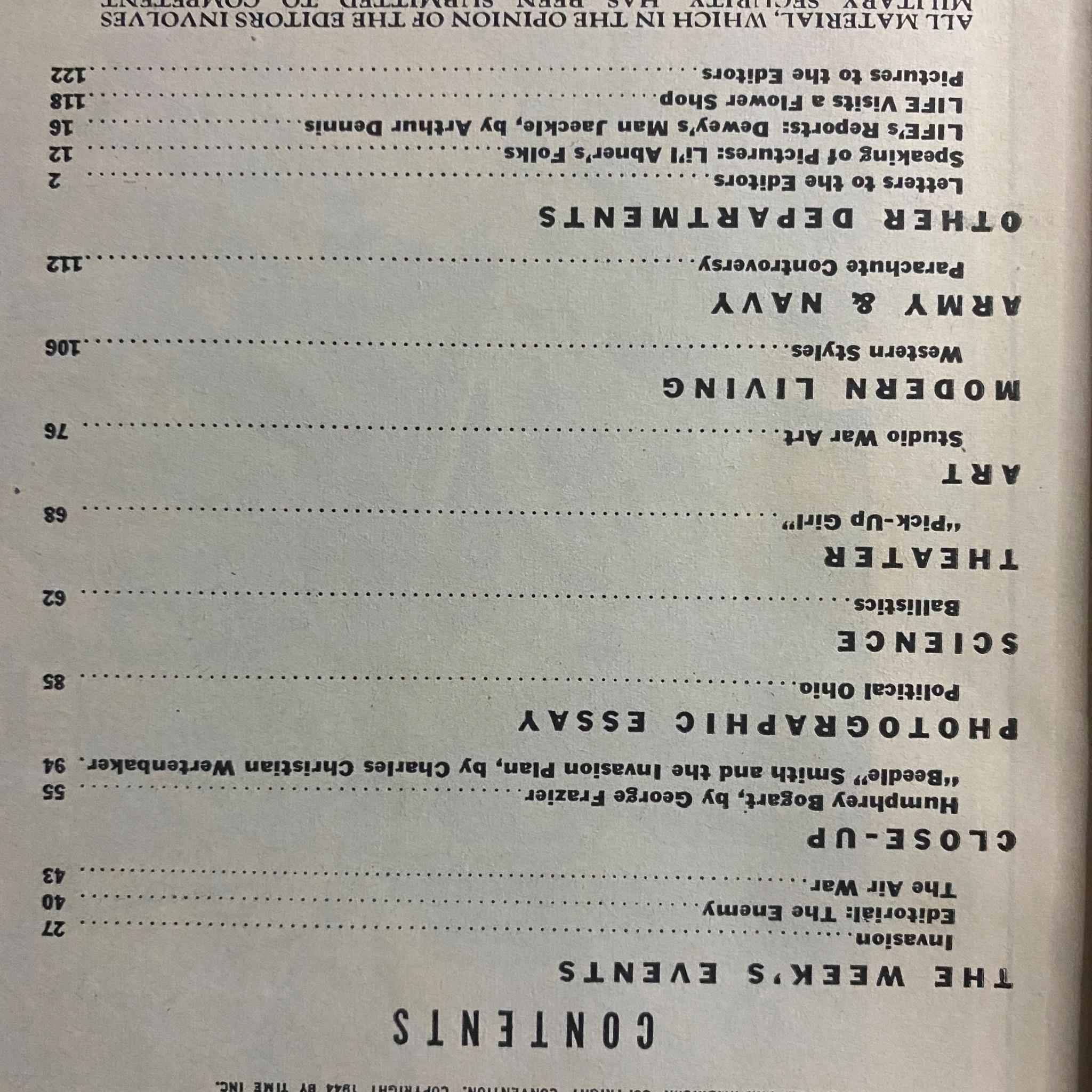 Table of contents for Life Magazine June 12, 1944, featuring articles on Army & Navy, Modern Living, and Photographic Essays related to air invasions during World War II.