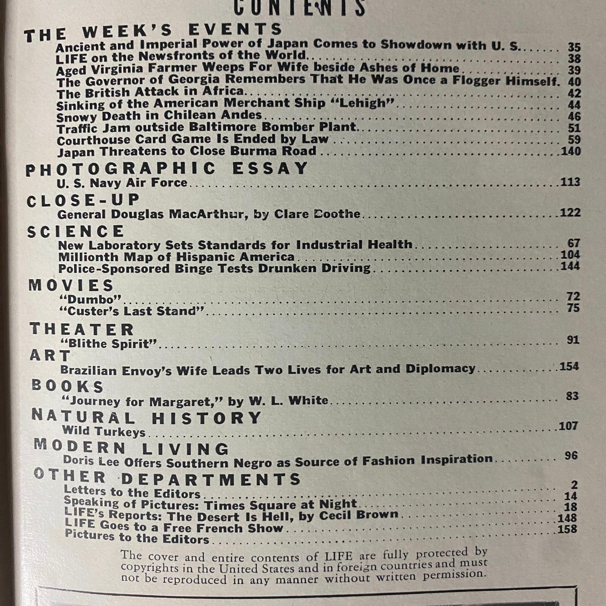Contents page of Life Magazine December 8, 1941, listing articles including a close-up on General Douglas MacArthur and significant events from early December 1941, making it a historical collectible.