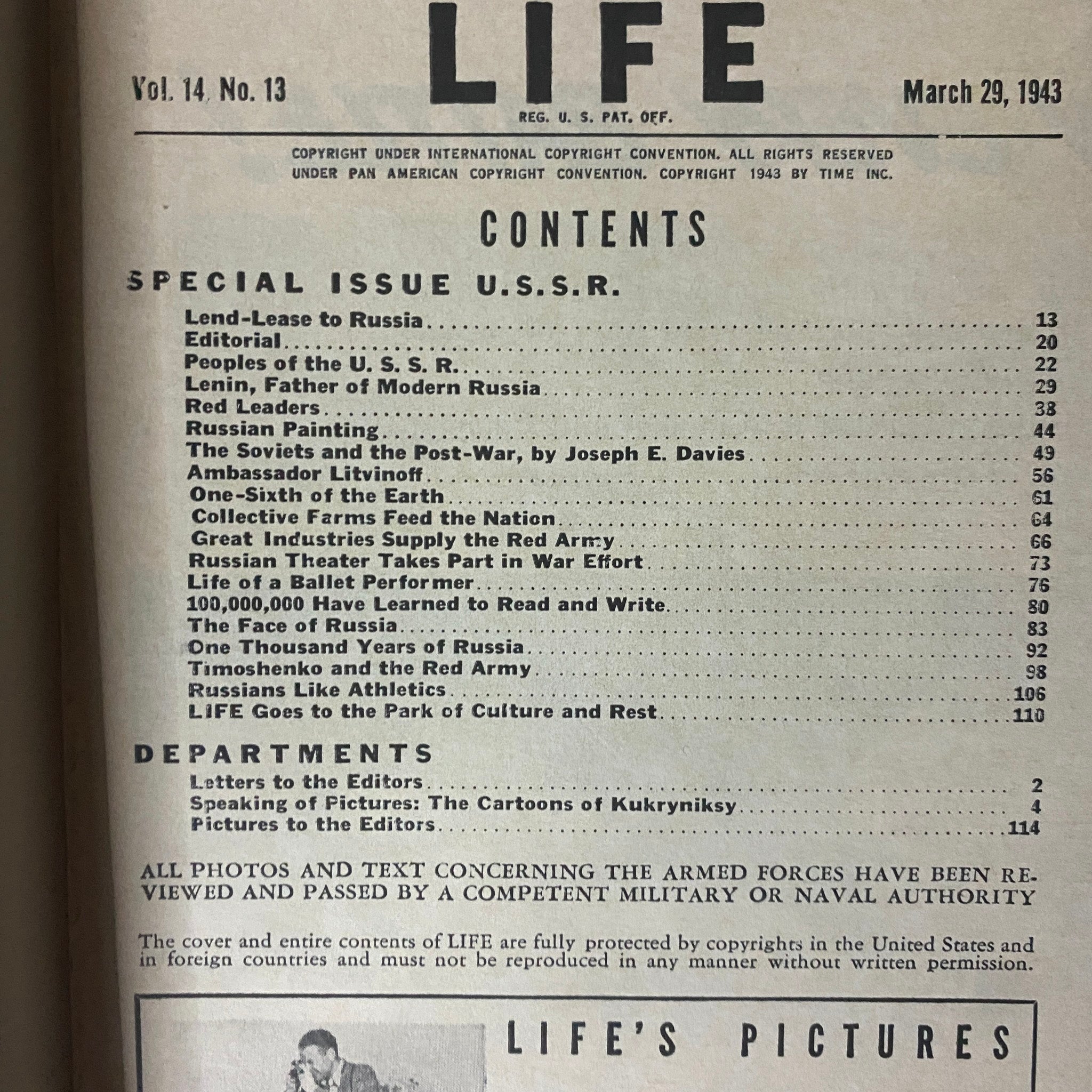 Contents page of Life Magazine from March 29, 1943, outlining articles about the USSR, including topics like Lend-Lease to Russia and Collective Farms, providing insights into the era's political and cultural landscape.