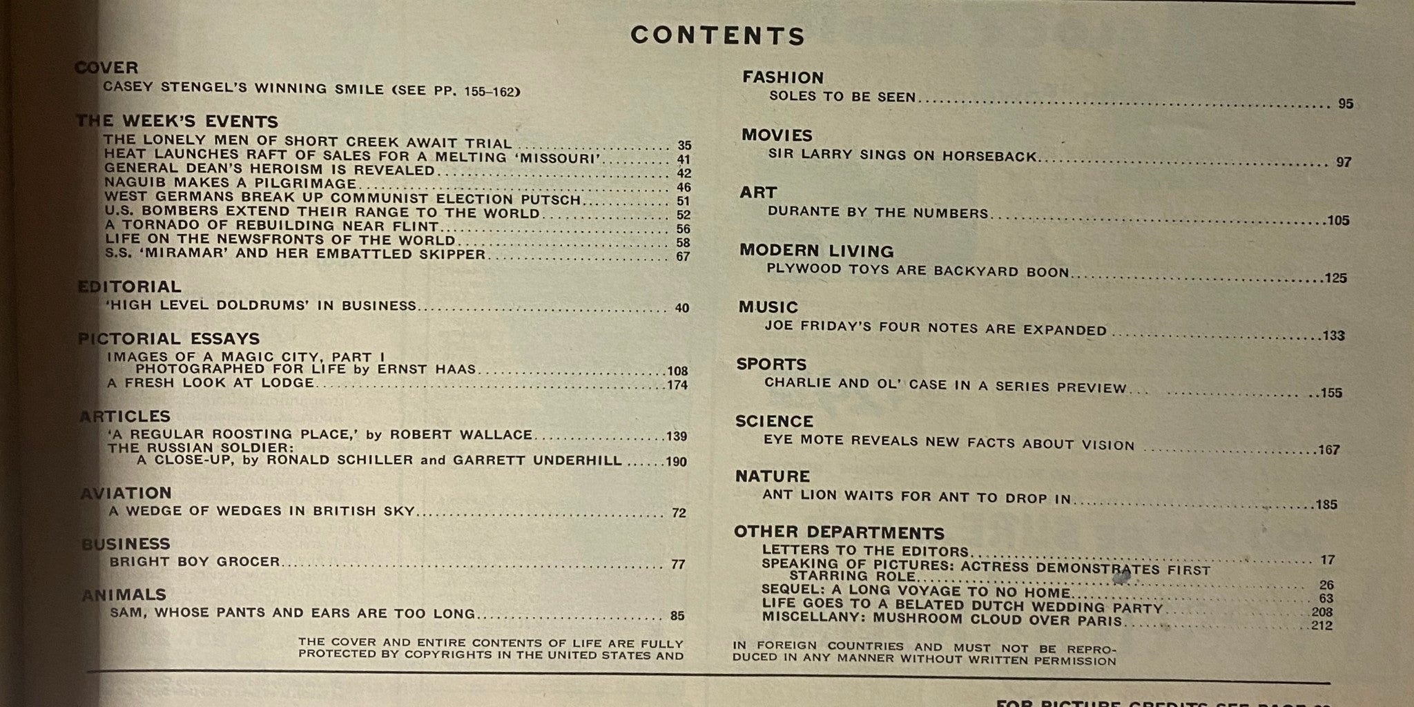 Contents page from Life Magazine, September 14, 1953 featuring articles including Casey Stengel's winning smile, and topics covering the week's events, editorial insights, pictorial essays, and other features.