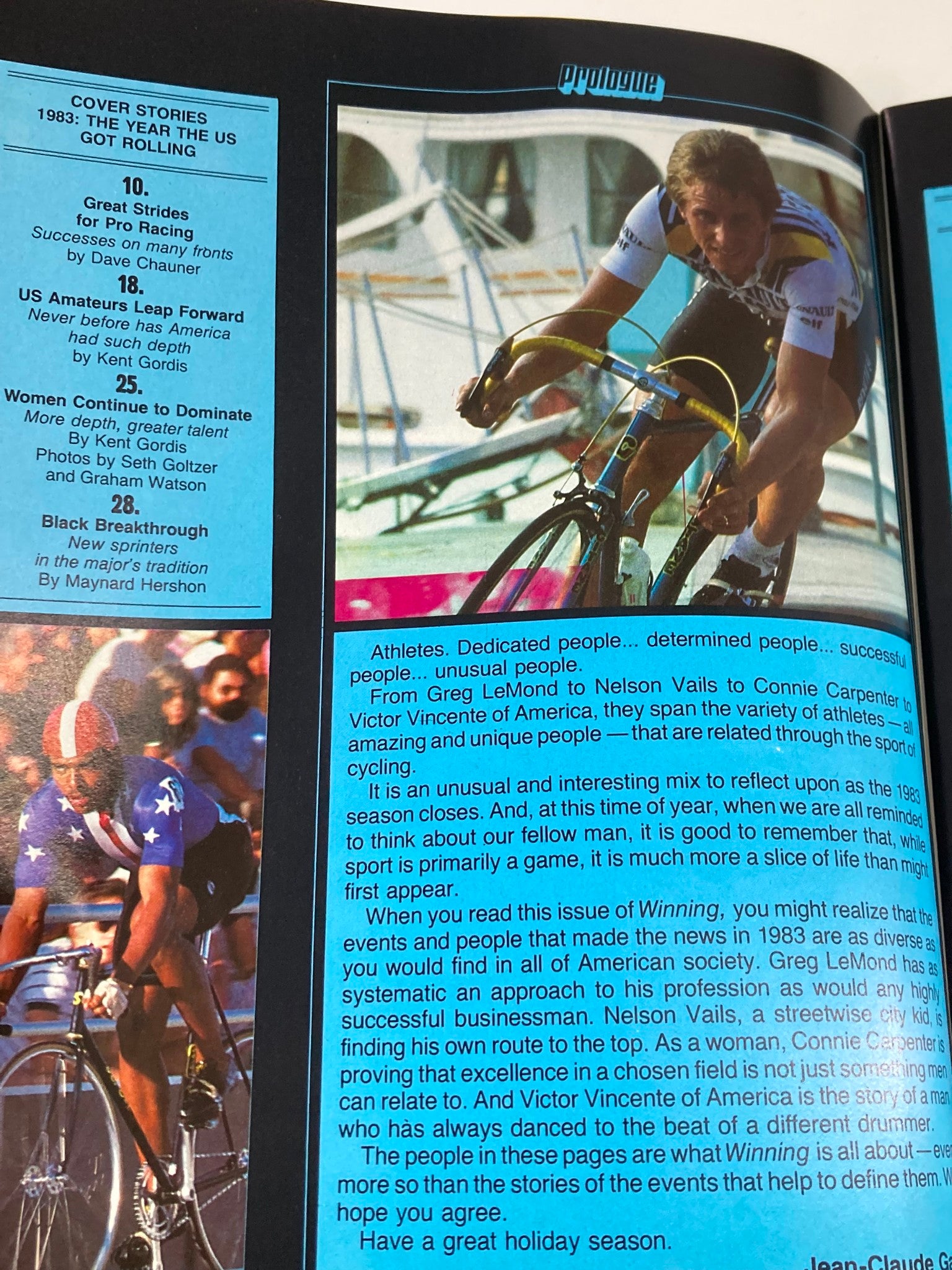 Interior page from Winning Bicycle Racing Illustrated December 1983 highlighting cover stories related to the cycling season, with an emphasis on athletes like Greg LeMond, capturing the essence of 1983 in cycling.