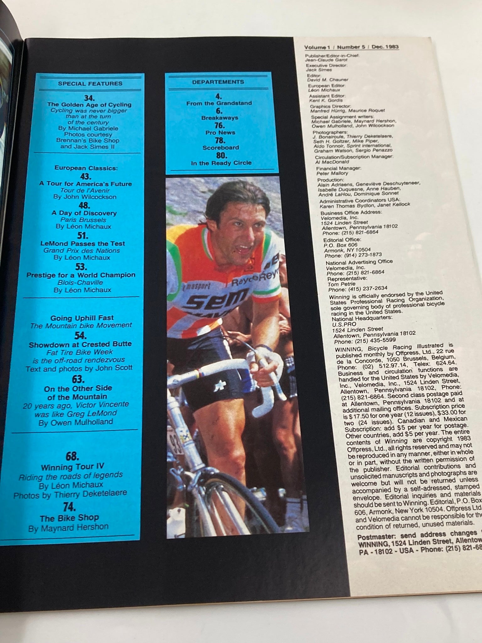 Inside spread of Winning Bicycle Racing Illustrated December 1983 magazine featuring articles and highlights related to cycling, including a section on Greg LeMond.