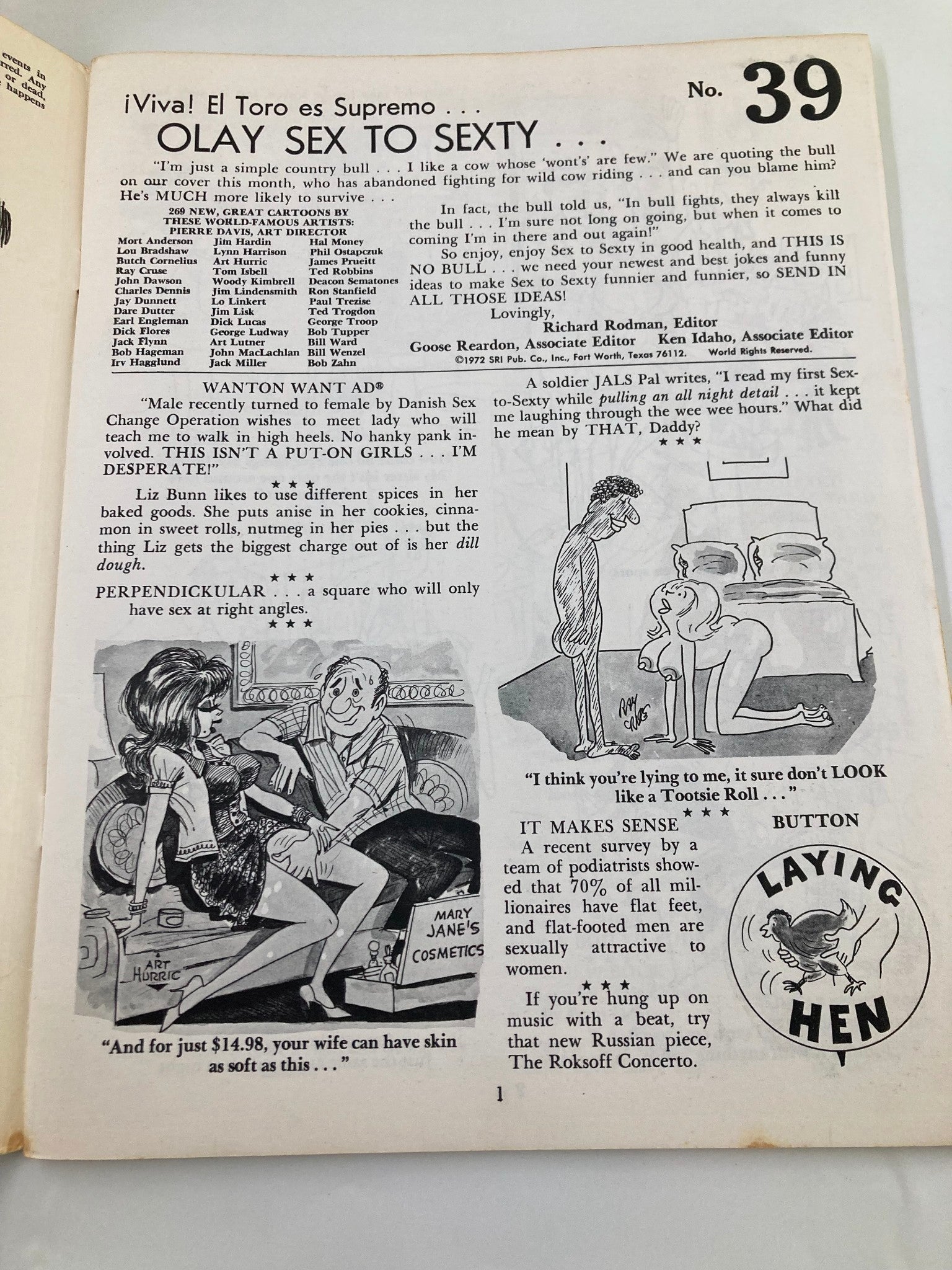 Inside page of the 1971 SextoSexty Olay Adult Humour Magazine, Issue #39, displaying humorous articles and illustrations related to adult humor and cultural commentary.