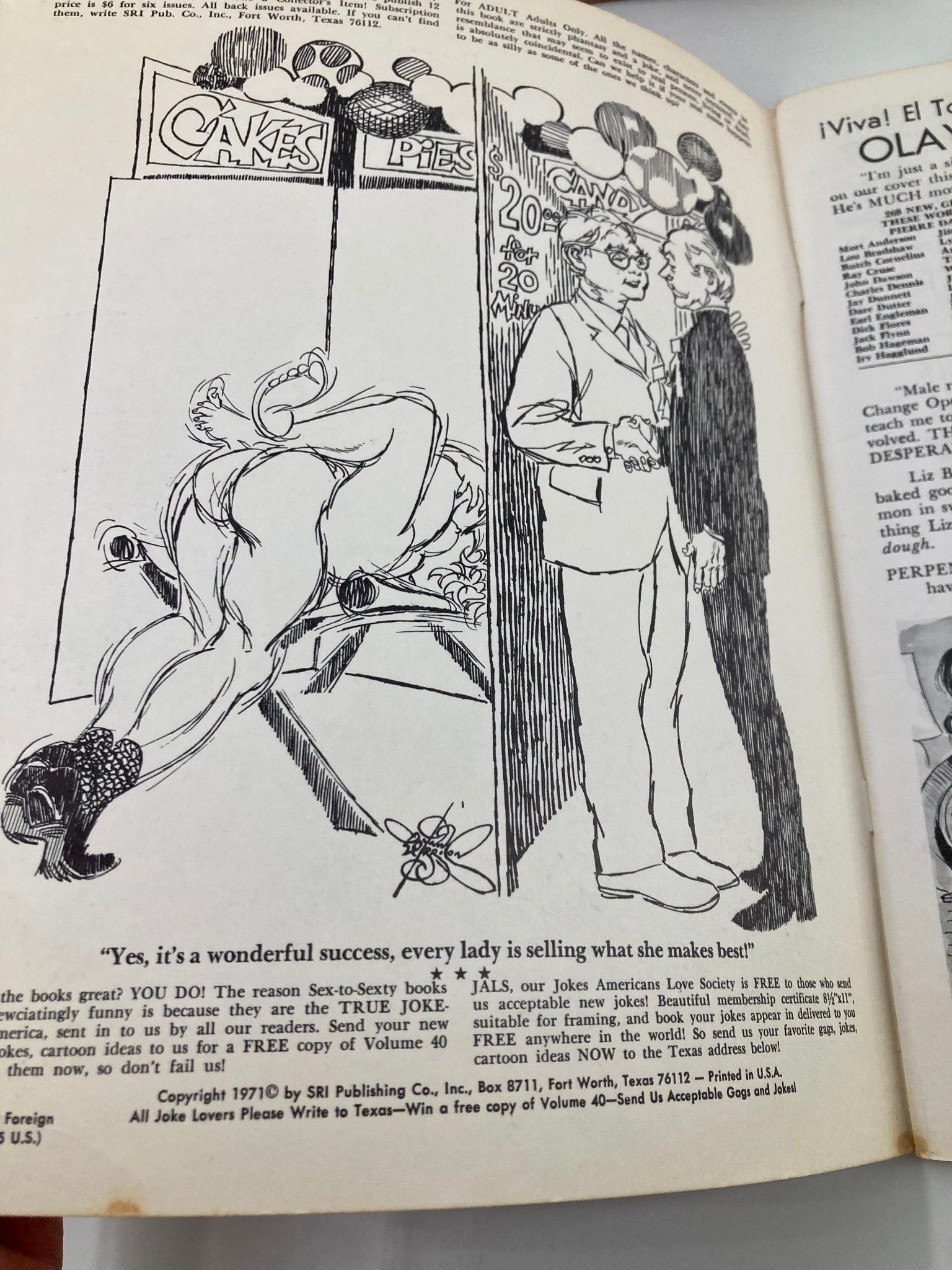 Another interior page from the 1971 SextoSexty Olay Adult Humour Magazine, Issue #39, featuring witty cartoons and advertisements that capture the playful essence of the 1970s.