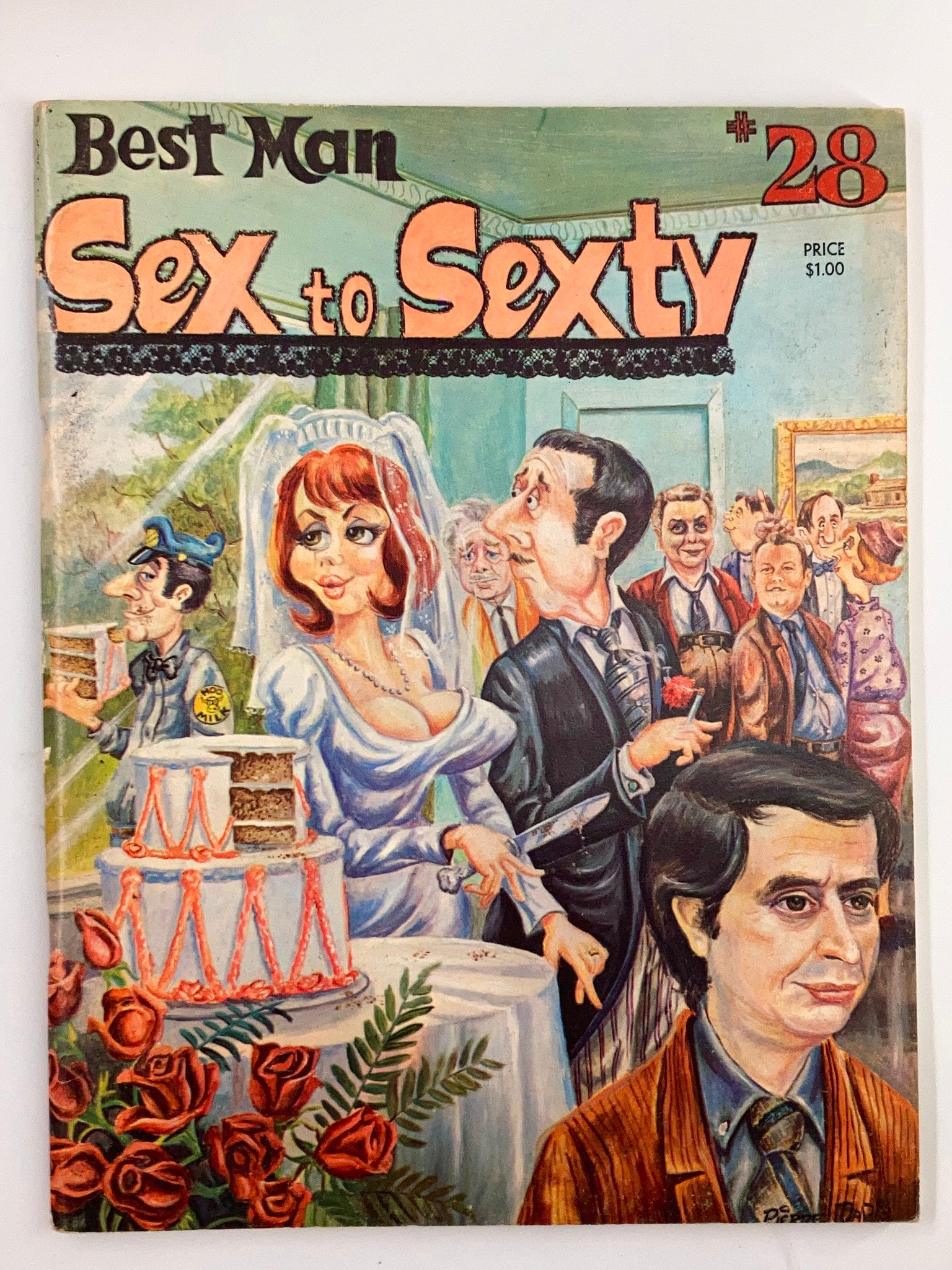 Cover of the 1971 SextoSexty Best Man Adult Humour Magazine, Issue #28, featuring humorous illustrations and a wedding scene with caricatured characters.