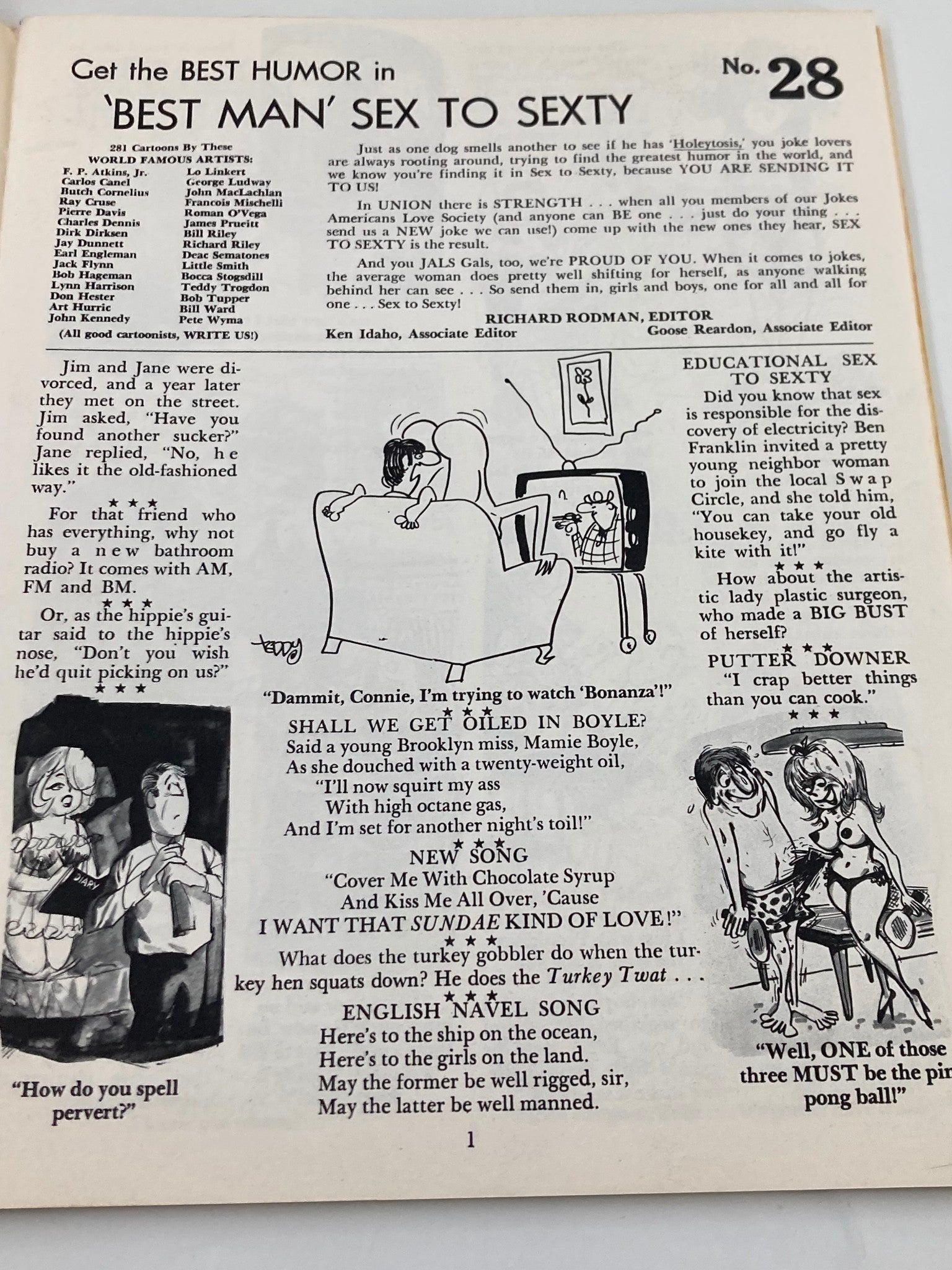 Inside page of the 1971 SextoSexty Best Man Adult Humour Magazine, Issue #28, showcasing a collection of jokes and cartoons highlighting adult humor.