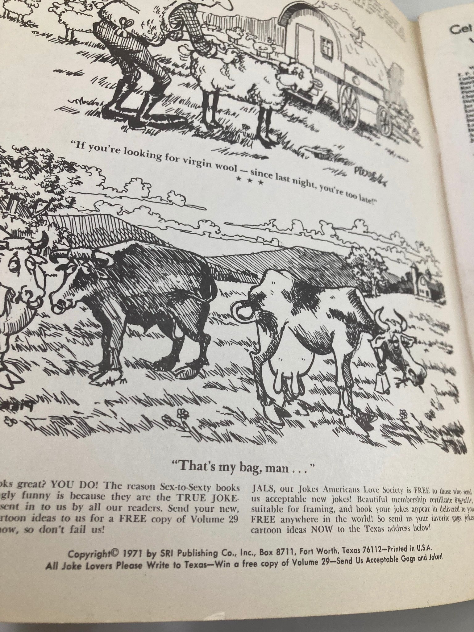 Another inside page of the 1971 SextoSexty Best Man Adult Humour Magazine, Issue #28, displaying humorous illustrations and a playful editorial note about submitting jokes.