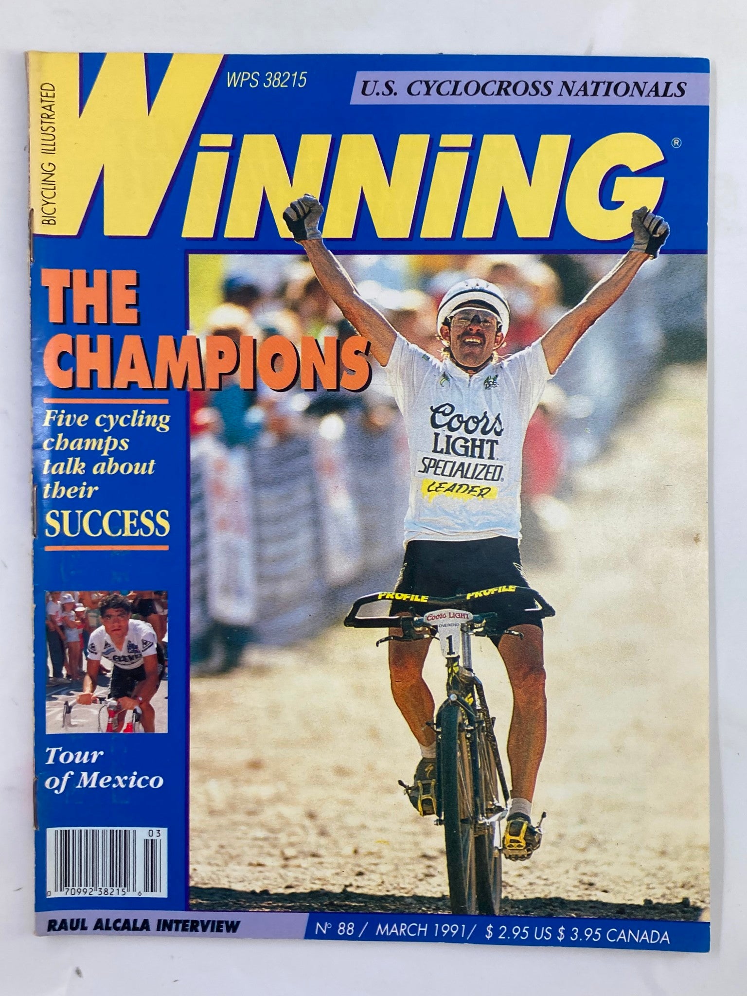 Cover of Winning Bicycle Racing Illustrated March 1991 No. 88 featuring a triumphant cyclist celebrating a victory, showcasing the excitement of competitive cycling.