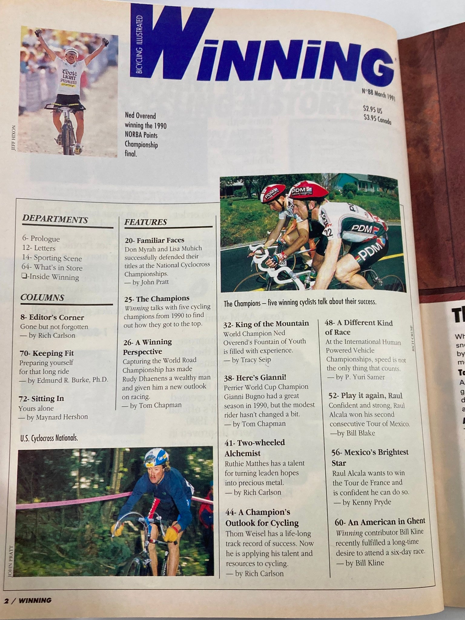 Inside page of Winning Bicycle Racing Illustrated March 1991 No. 88 highlighting the contents and features, including articles about notable cyclists and the sport's culture.