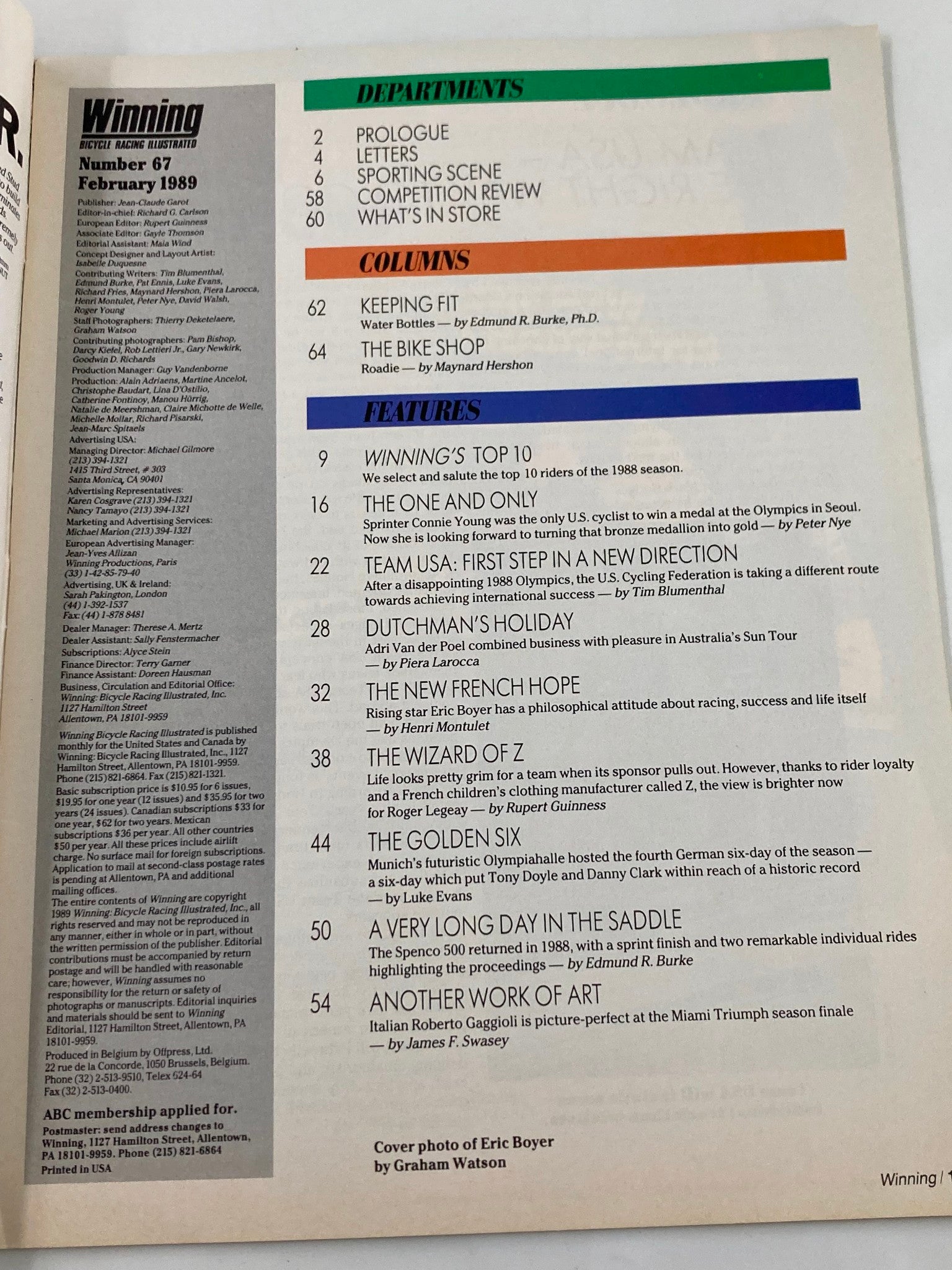 Interior page of the magazine VTG Winning Bicycle Racing Illustrated February 1989 No. 67, listing departments, columns, and features including articles on cycling topics and notable cyclists. This page reflects the magazine's content structure from the late 1980s.