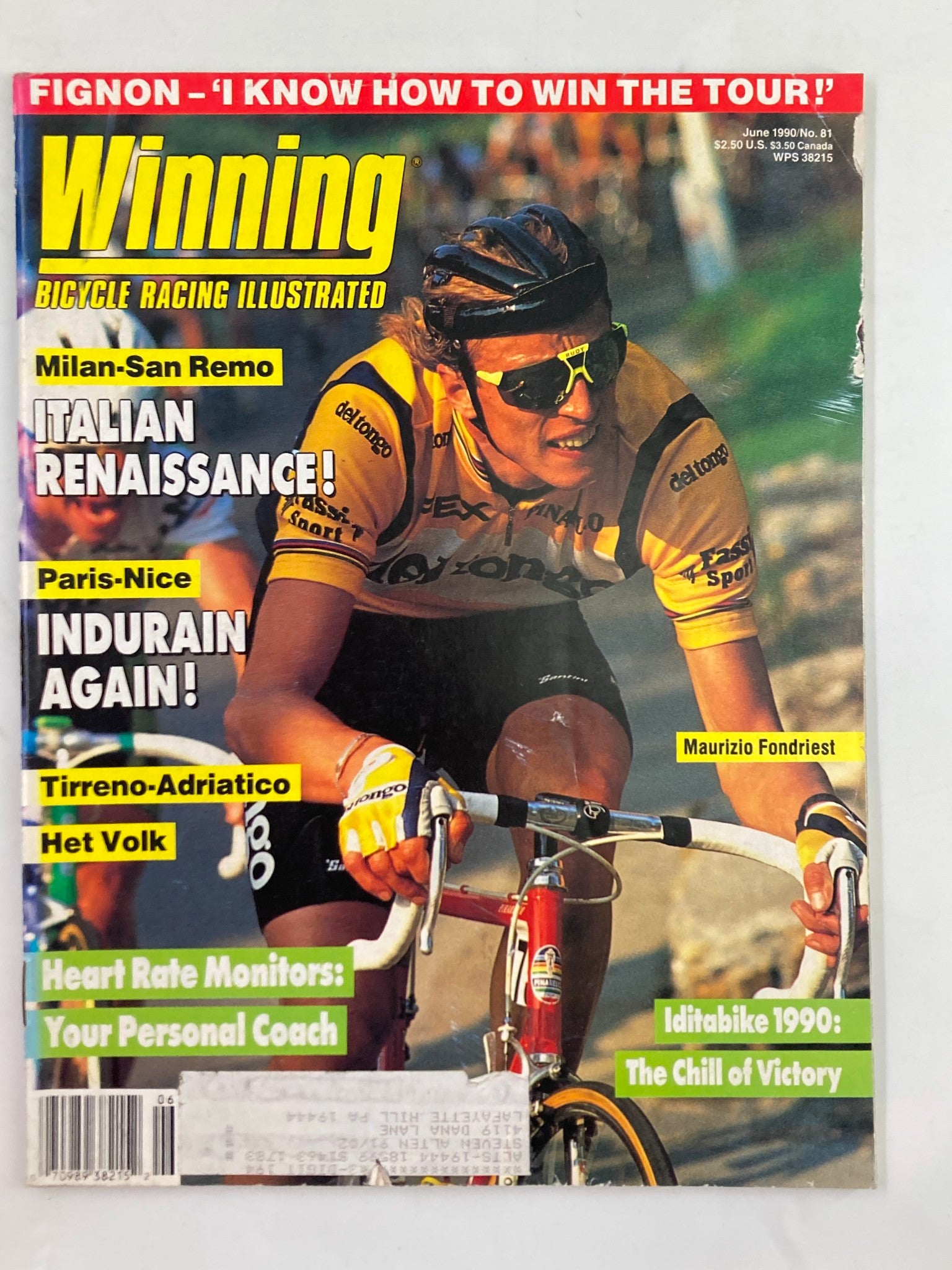 Cover of Winning Bicycle Racing Illustrated June 1990 No. 81 featuring cyclist Maurizio Fondriest in a yellow jersey, highlighting the excitement of competitive cycling.