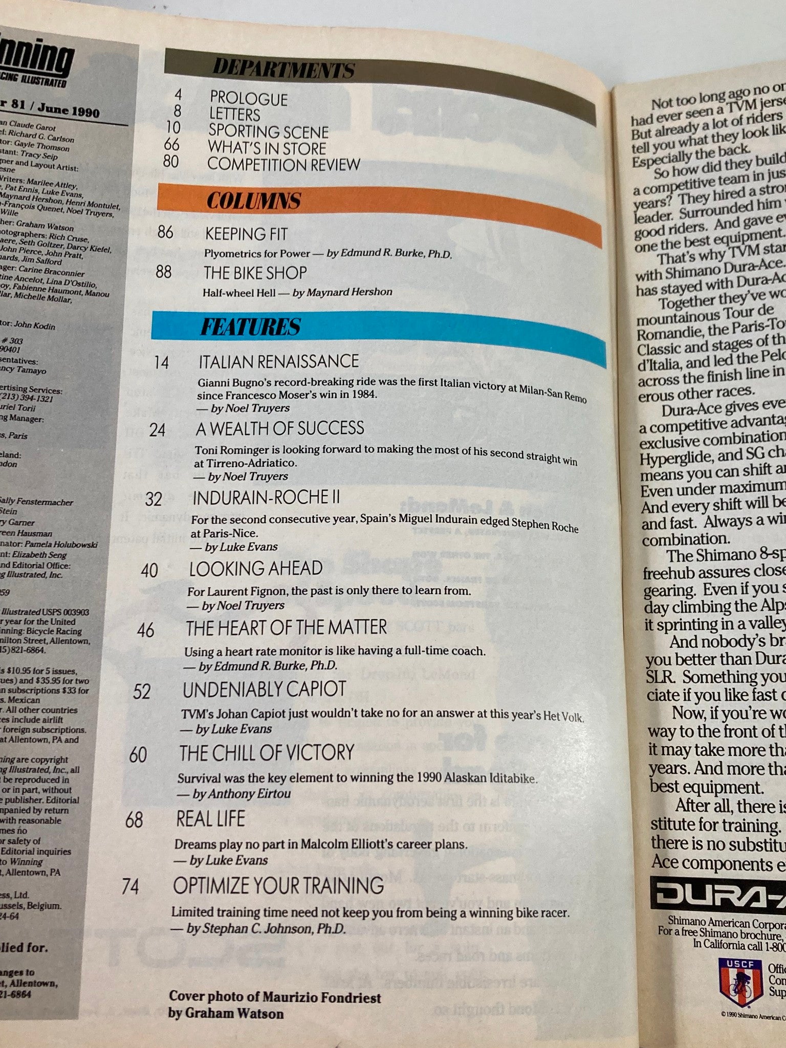 Interior page of Winning Bicycle Racing Illustrated June 1990 No. 81 displaying the table of contents, including articles on cycling techniques, training, and notable races.