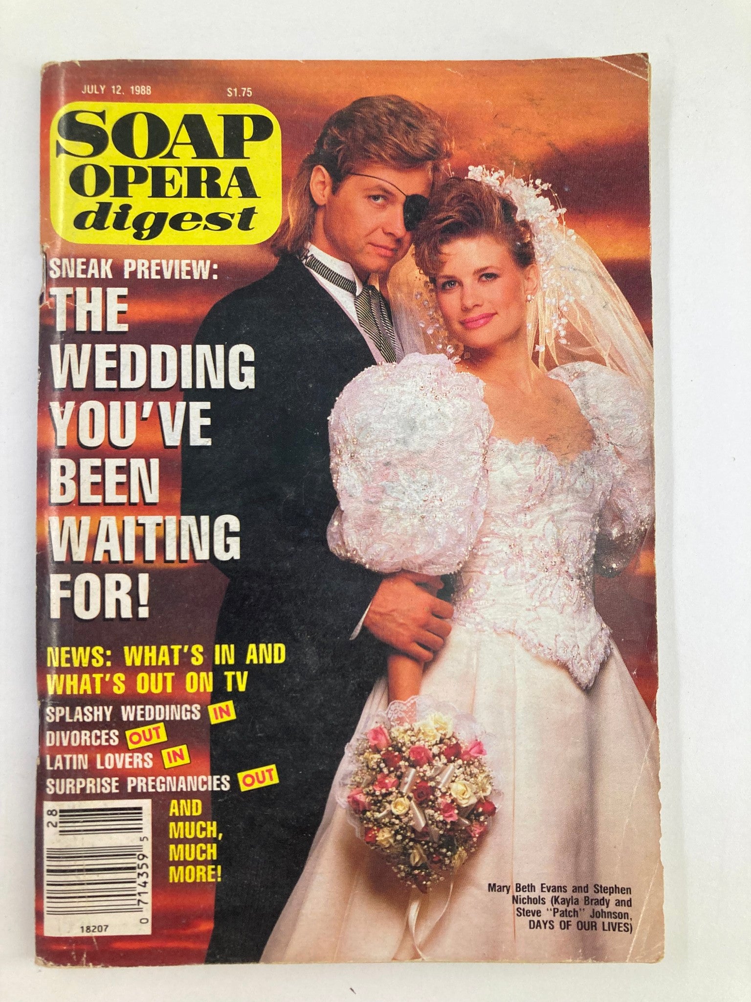Cover of the vintage Soap Opera Digest from July 12, 1988, featuring Mary Beth Evans and Stephen Nichols, known for their roles as Kayla Brady and Steve "Patch" Johnson from Days of Our Lives, embracing with a wedding theme.