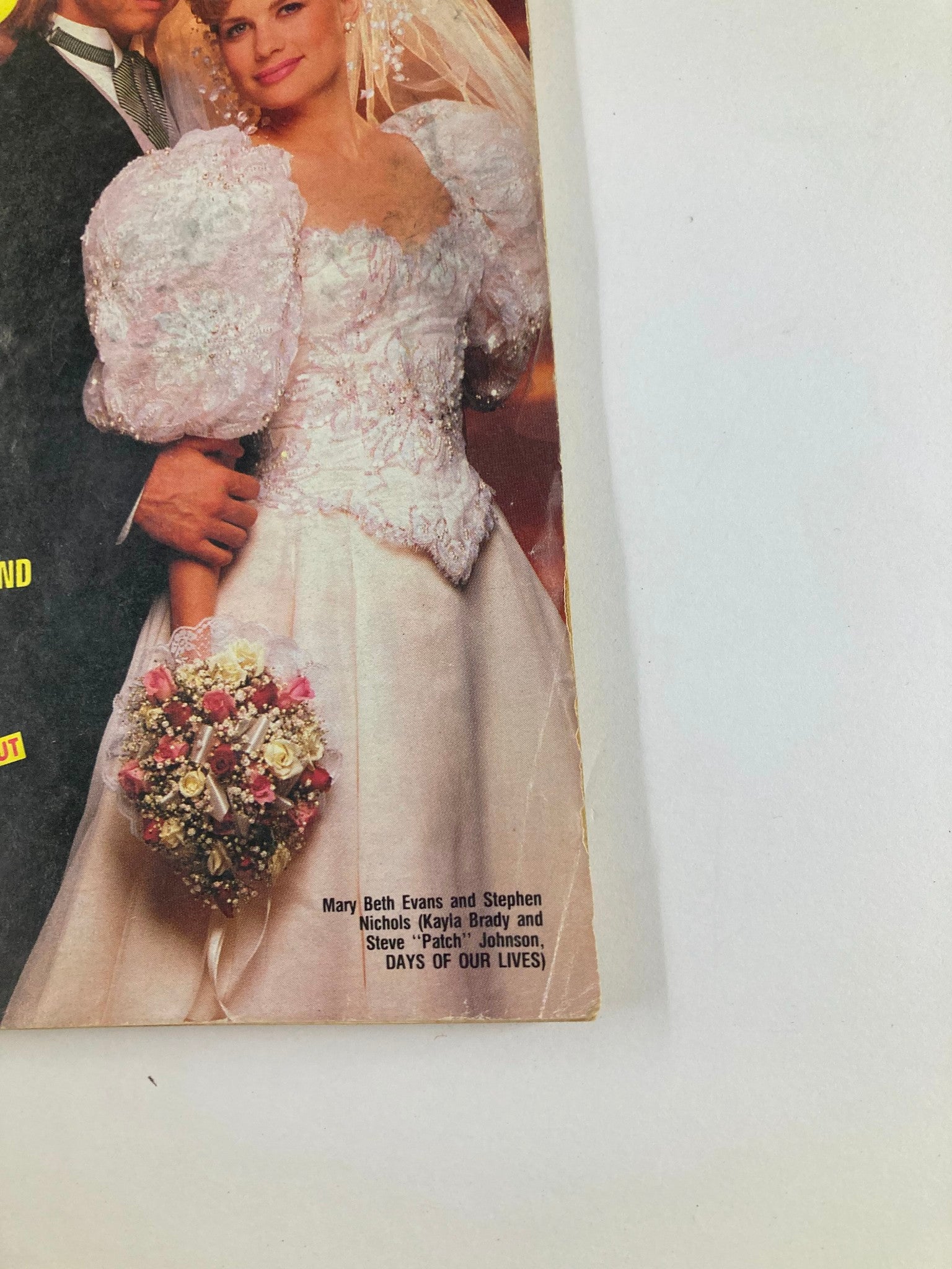 Close-up of the cover of the vintage Soap Opera Digest from July 12, 1988, showcasing Mary Beth Evans and Stephen Nichols in wedding attire, with a beautiful floral bouquet and the magazine title prominently displayed.