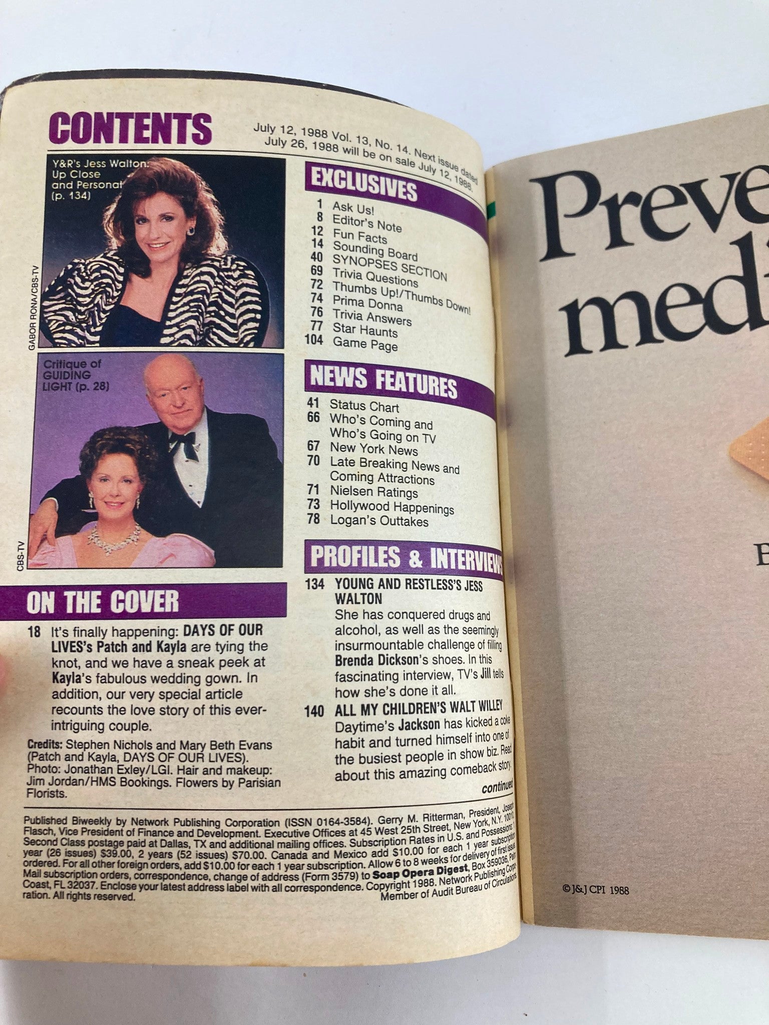 Contents page of VTG Soap Opera Digest from July 12, 1988, featuring articles and interviews with soap stars, including coverage of Mary Beth Evans and Stephen Nichols. Highlights exclusive features, news sections, and profiles related to daytime television.