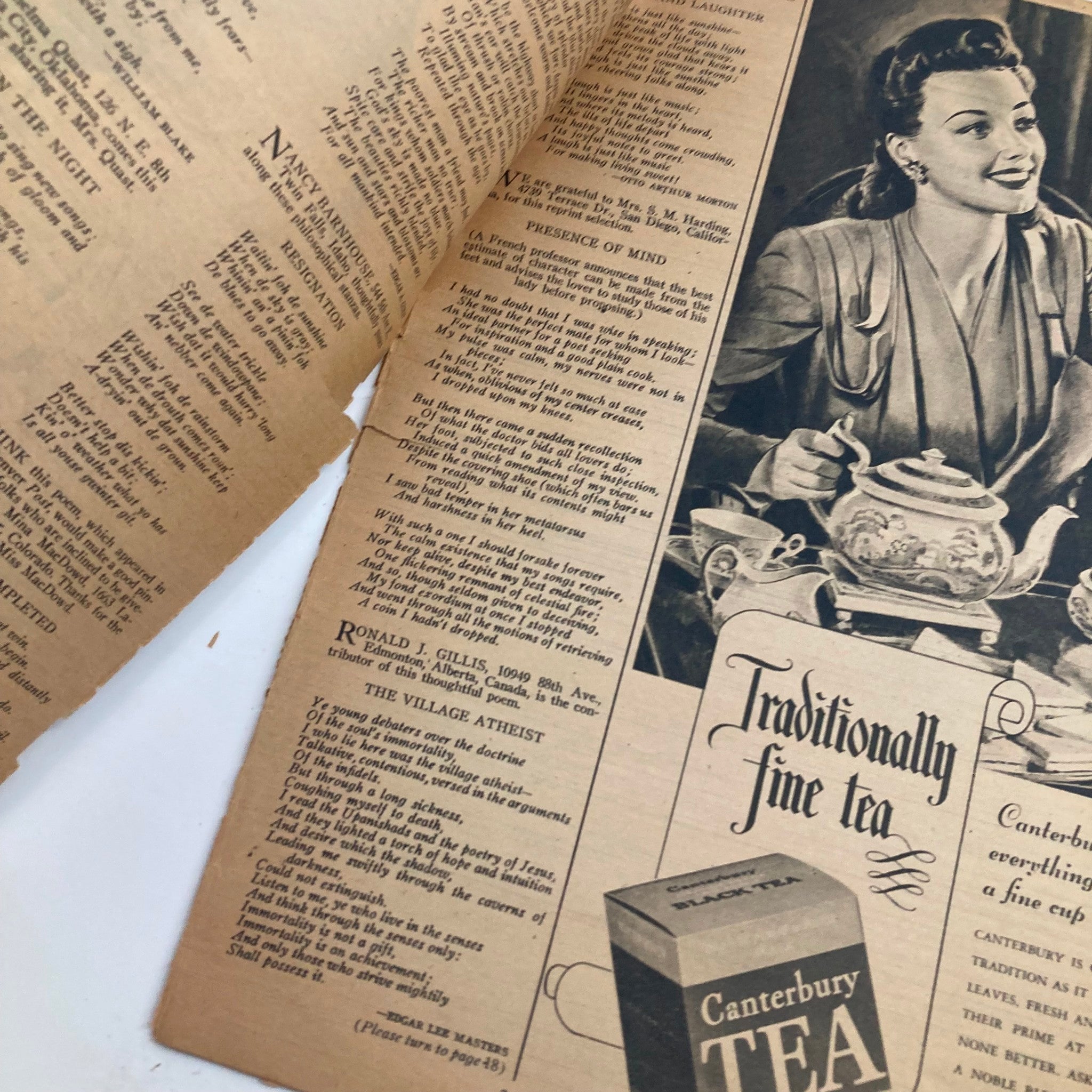 Interior page of VTG The Family Circle Magazine from March 9, 1945, displaying an article titled 'The Village Atheist' with vintage illustrations and advertisements.