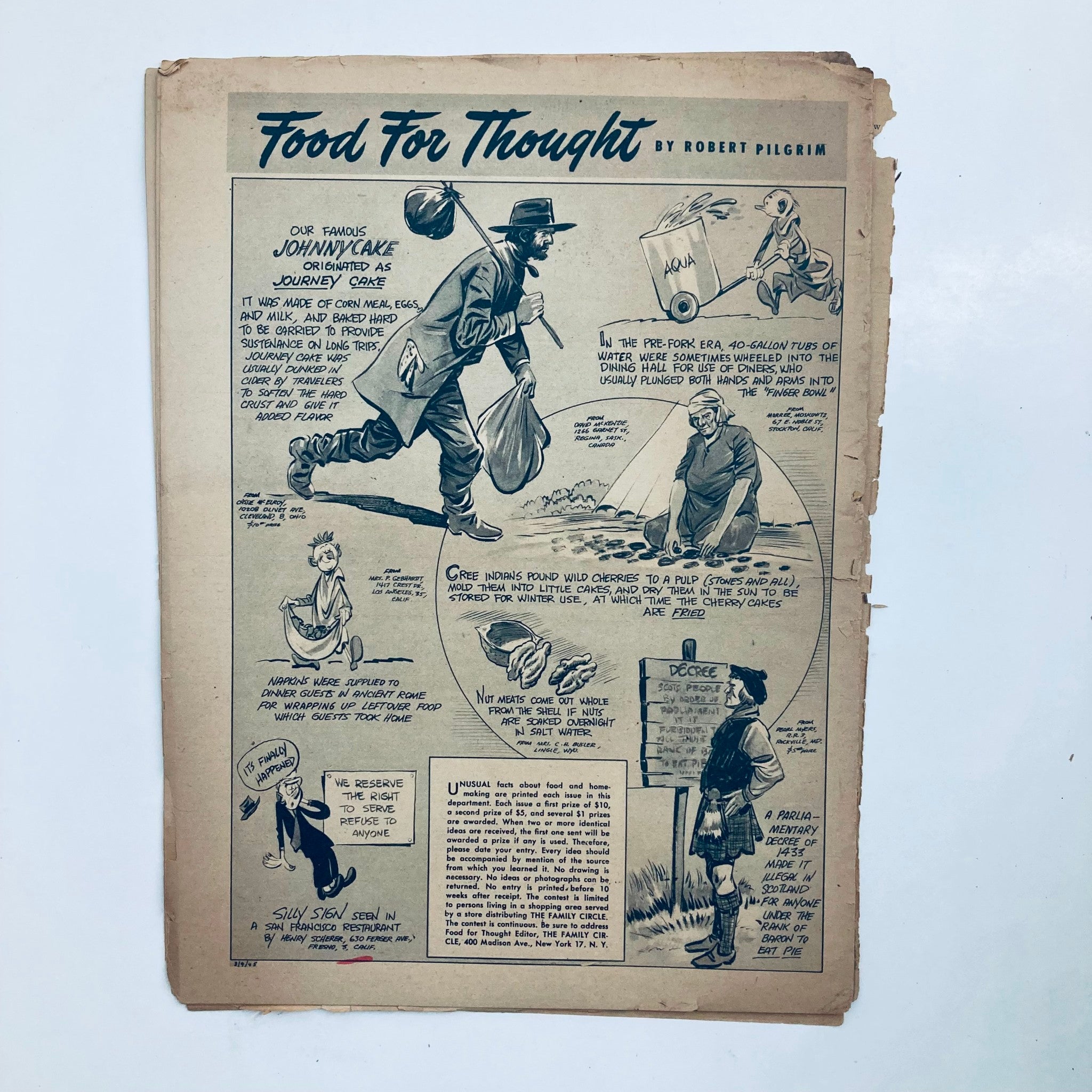 Another interior page of VTG The Family Circle Magazine from March 9, 1945, featuring a comic strip titled 'Food For Thought' by Robert Pilgrim, highlighting historical food practices.
