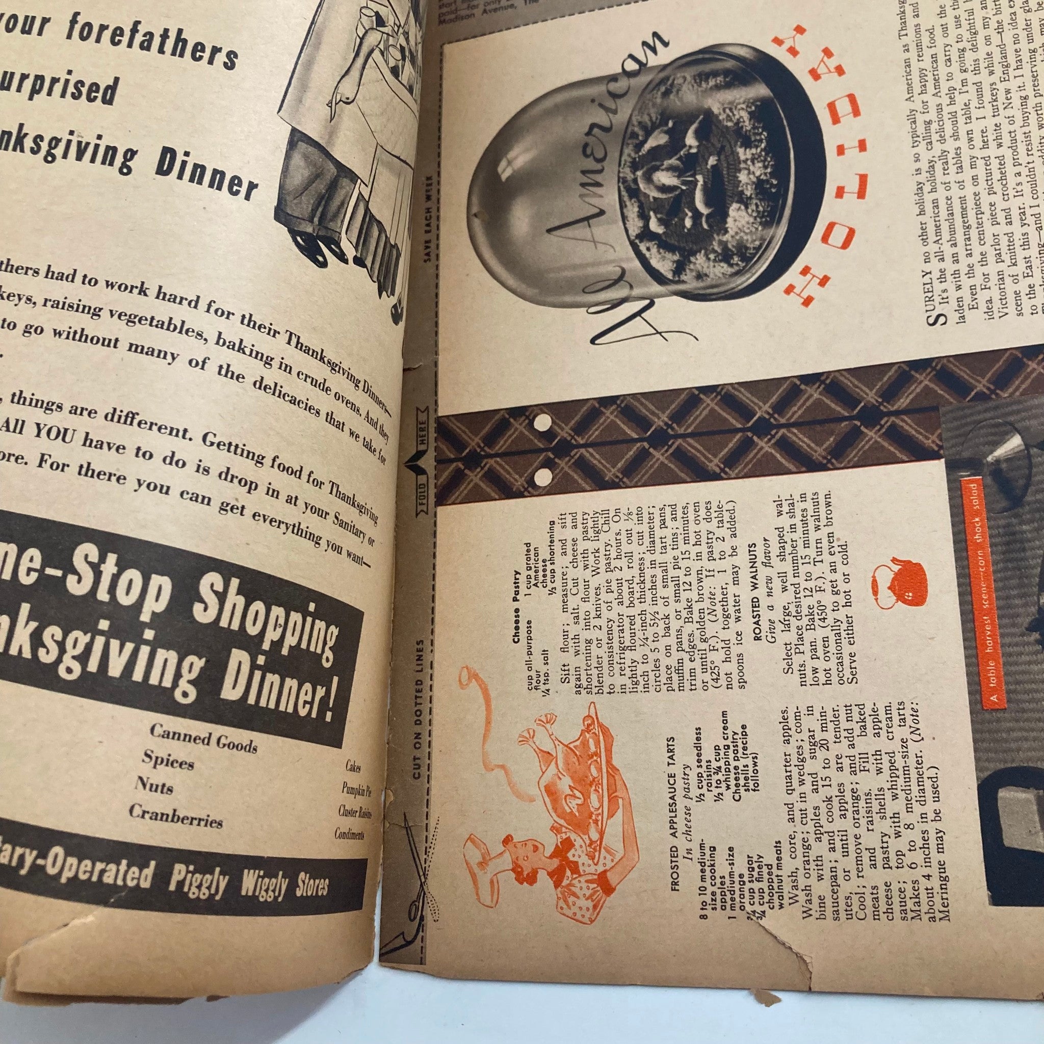 Inside page of VTG The Family Circle Magazine showing Thanksgiving dinner recipes and illustrations from November 19, 1937.