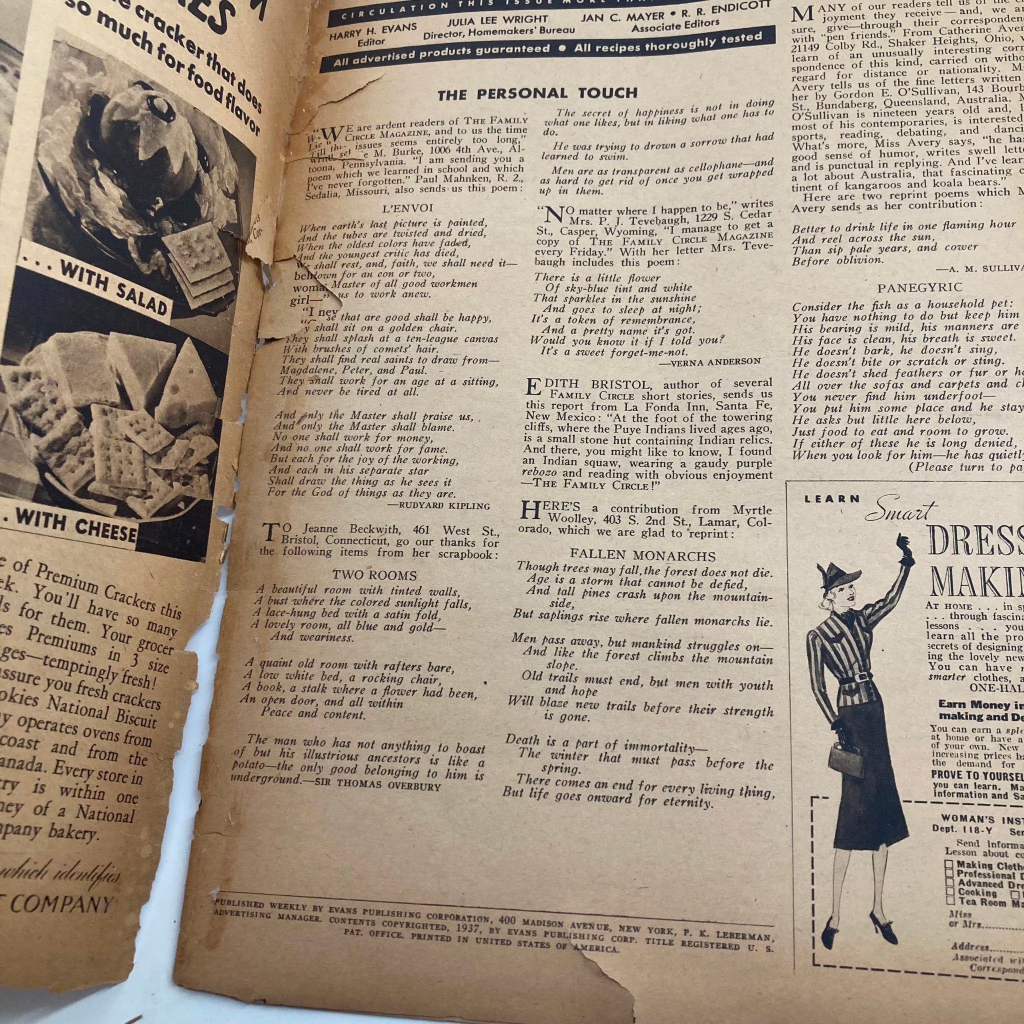 Content page from VTG The Family Circle Magazine with household tips and personal letters, dated November 19, 1937.