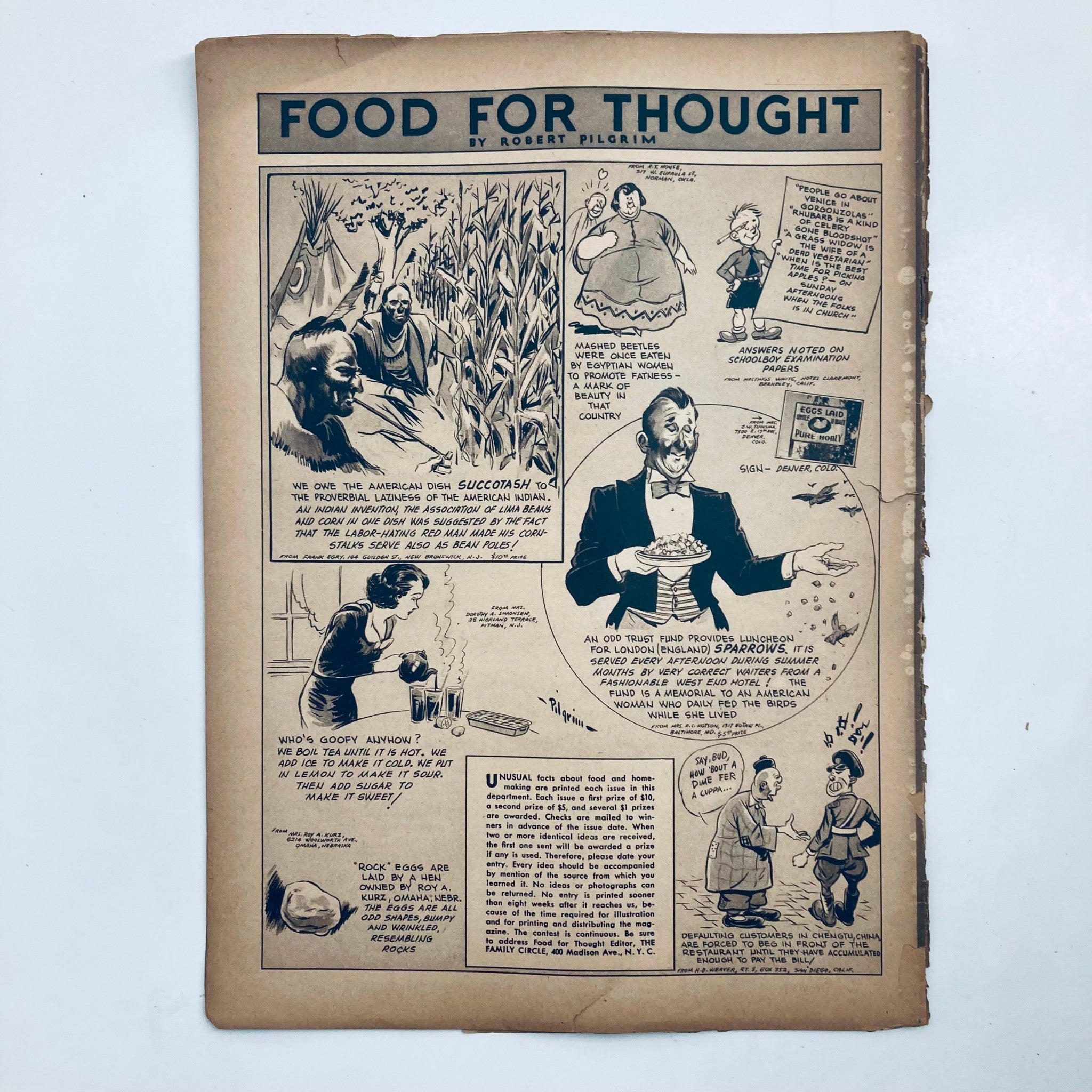 Cartoon page titled 'Food for Thought' from VTG The Family Circle Magazine, highlighting food and humorous takes, from November 19, 1937.