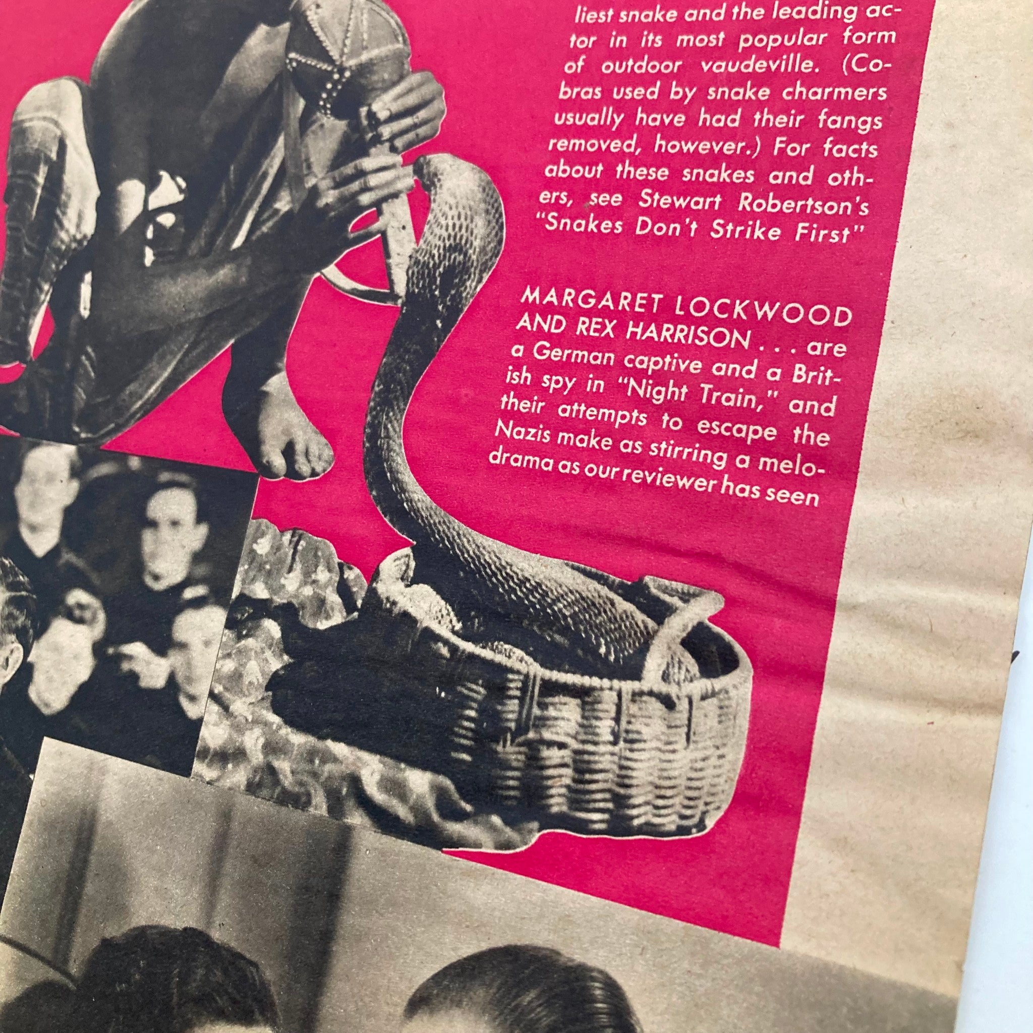 Close-up of an article from VTG The Family Circle Magazine, February 28, 1941, discussing snake charmers and featuring images of actors and promotional content.