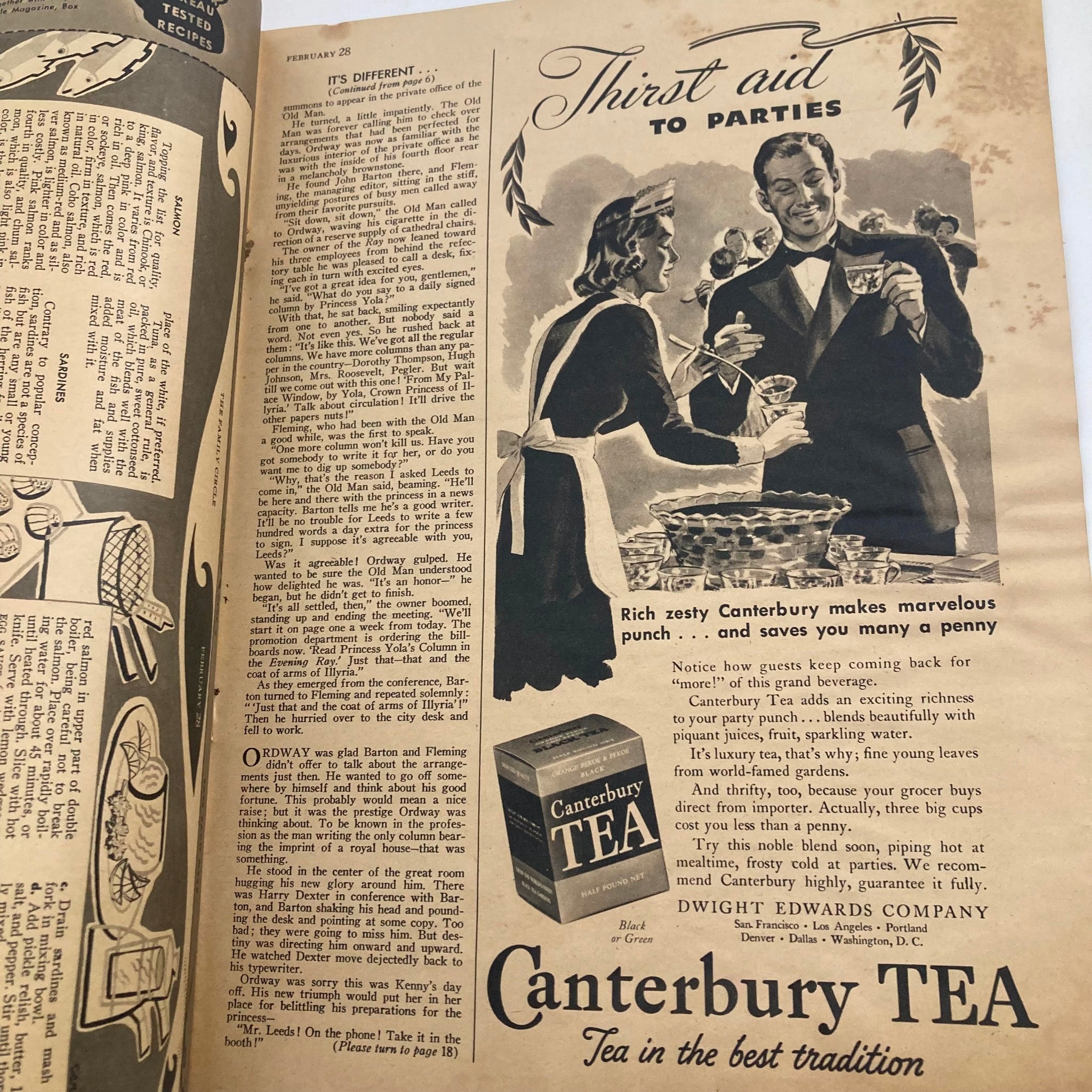 Interior page of VTG The Family Circle Magazine, February 28, 1941, showcasing an advertisement for Canterbury Tea with a vintage illustration and narrative.