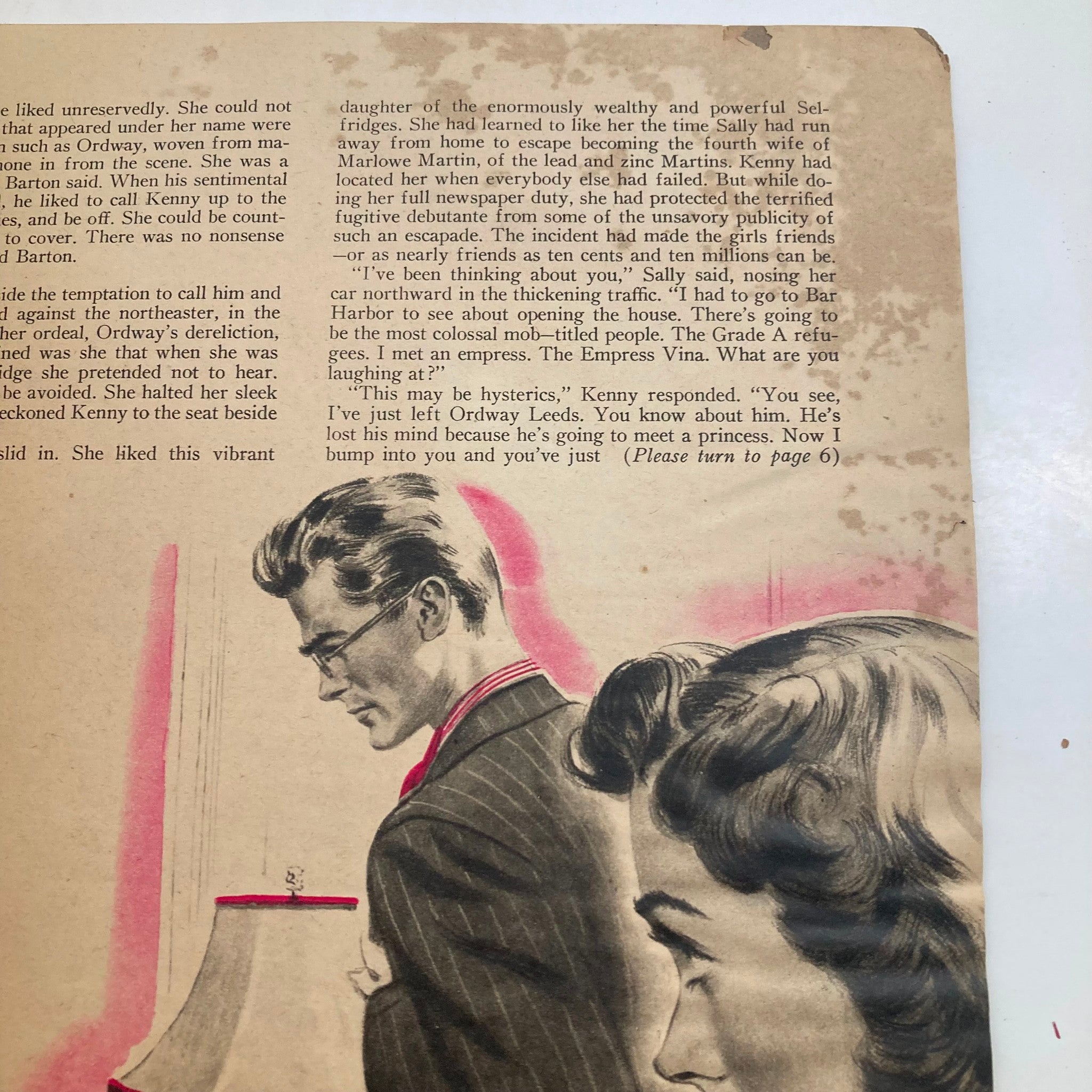 VTG The Family Circle Magazine February 28 1941 interior page featuring a illustrated scene with characters discussing a newspaper event, showcasing vintage 1940s fashion and design aesthetics.