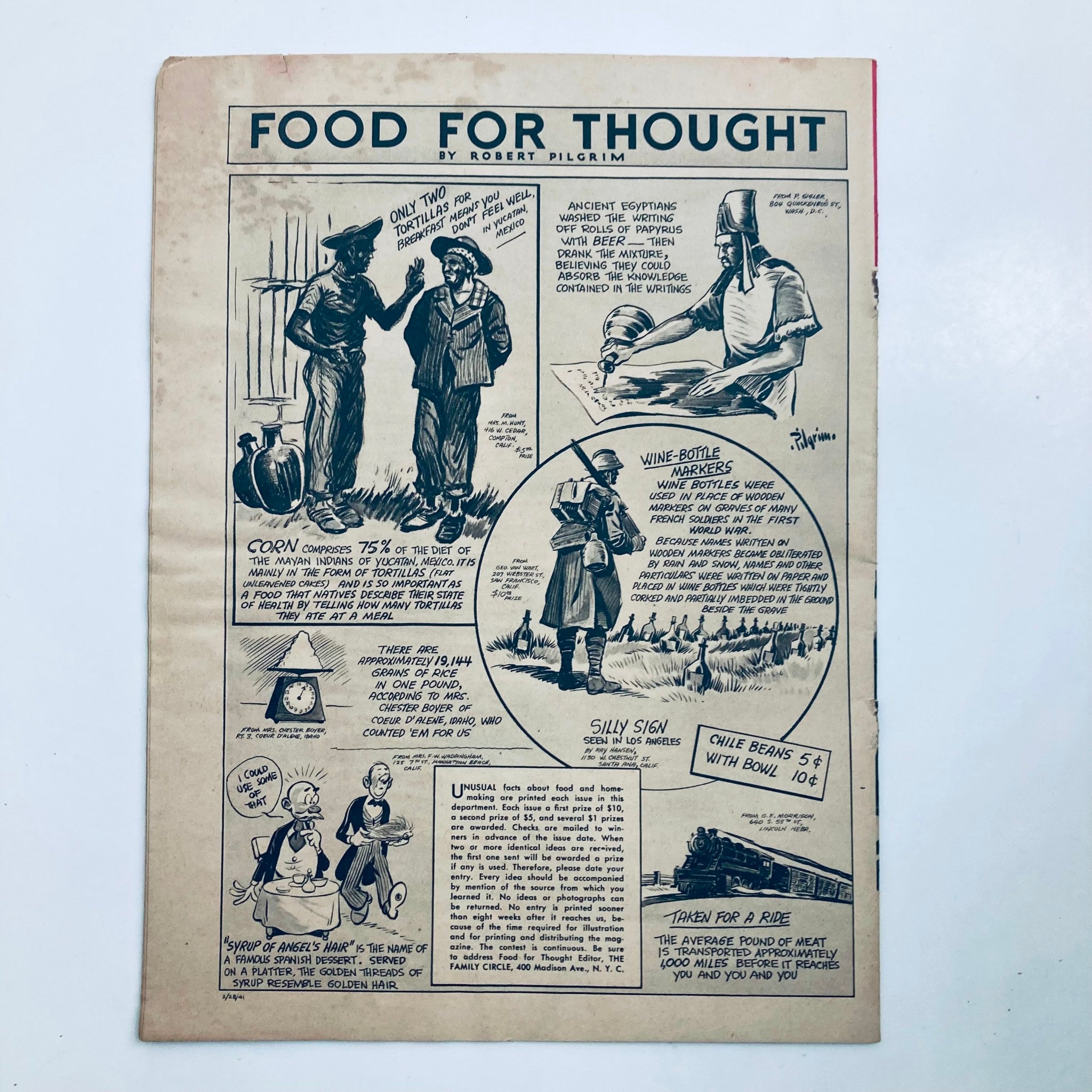 VTG The Family Circle Magazine February 28 1941 article titled 'Food For Thought' by Robert Pilgrim, featuring humorous illustrations and interesting facts about food, demonstrating the magazine's vintage charm.