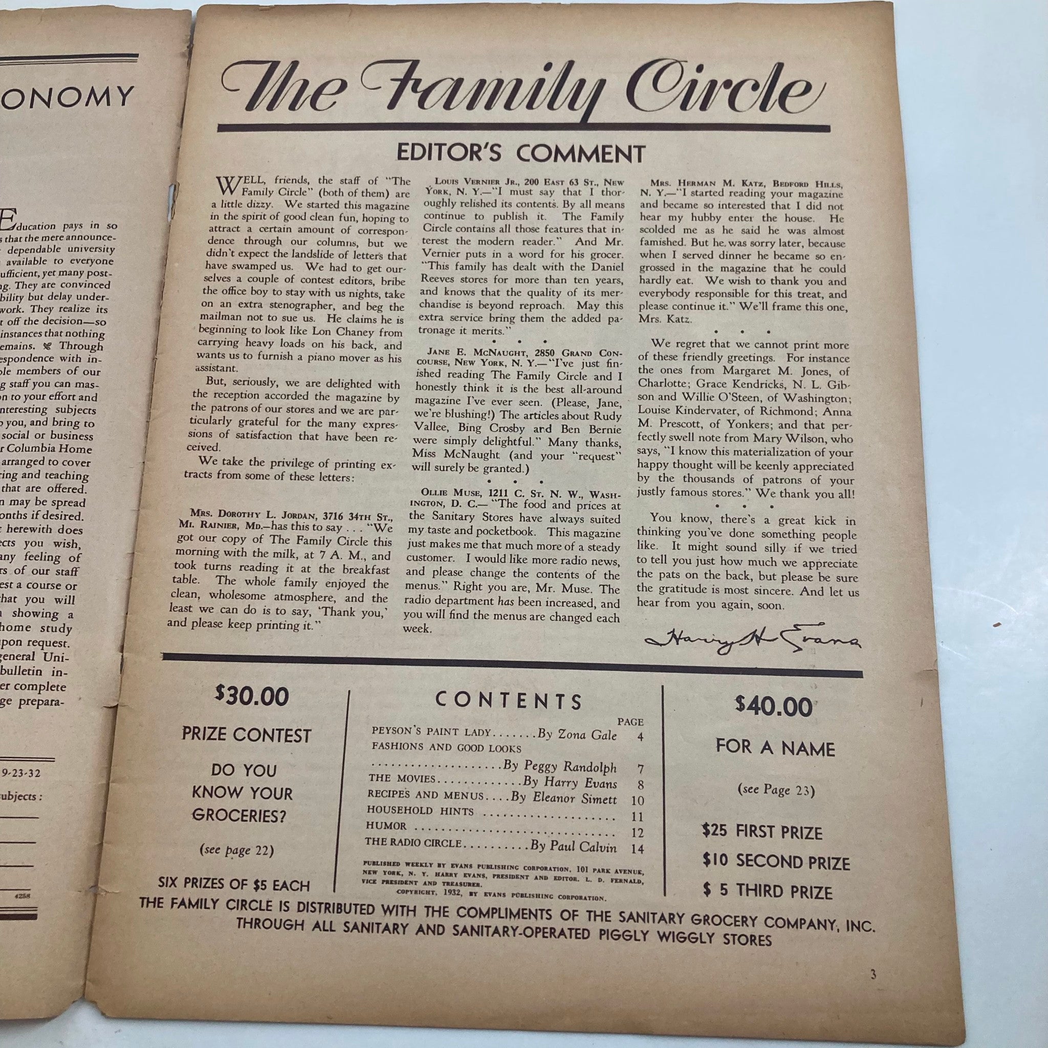 Inside page of VTG The Family Circle Magazine September 23, 1932, displaying the editor's comment and contents list, a glimpse into the vintage publication's historical context.