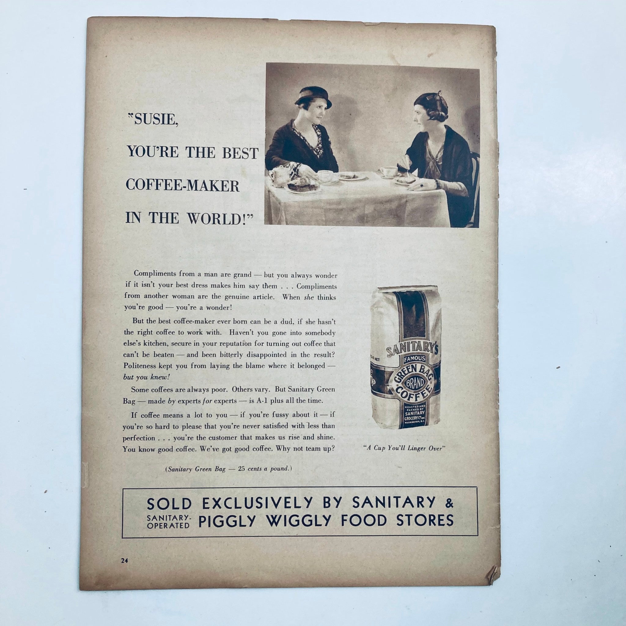 Vintage magazine page featuring a coffee advertisement and two women at a table with the text 'Susie, you're the best coffee-maker in the world!' from VTG The Family Circle Magazine September 23, 1932.