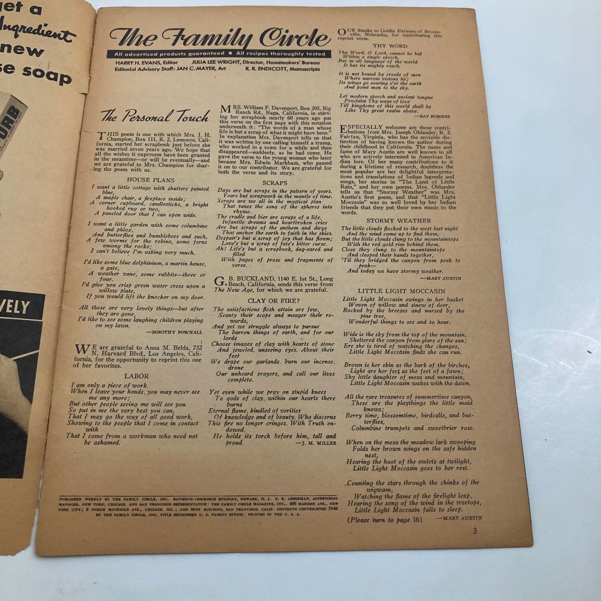 Interior page from VTG The Family Circle Magazine January 19 1940, displaying personal touch advice and charming layouts.