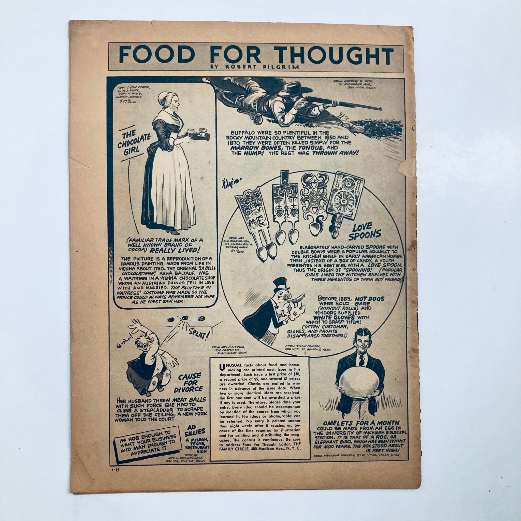 Another interior page from VTG The Family Circle Magazine January 19 1940 with a section titled 'Food For Thought' featuring vintage recipes and humor.