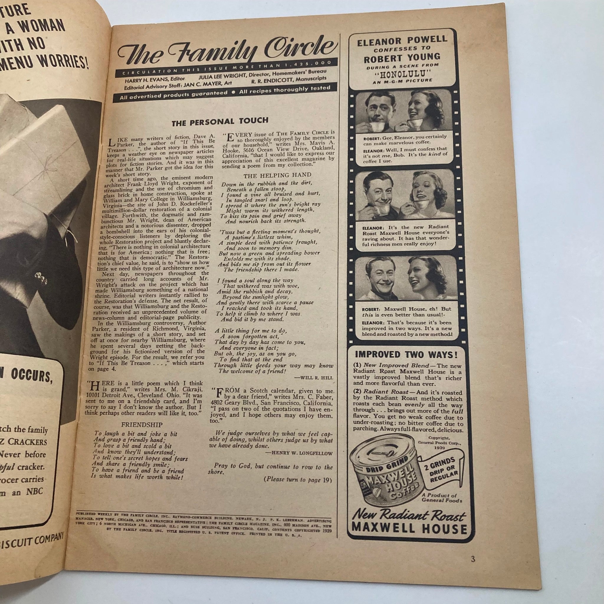 Interior page of VTG The Family Circle Magazine January 27, 1939 displaying an article titled 'The Personal Touch' and advertisements.