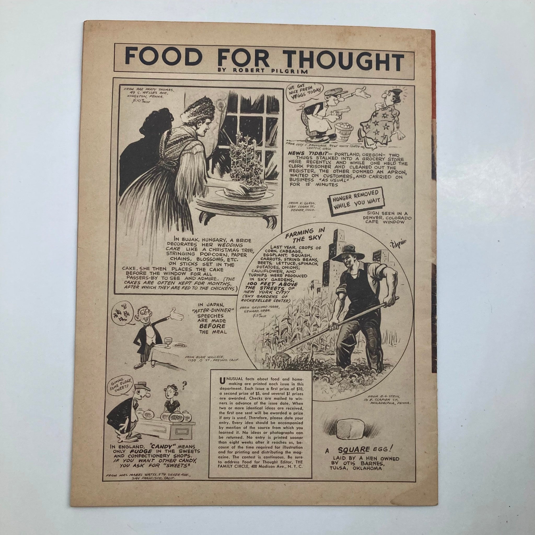 Another interior page of VTG The Family Circle Magazine January 27, 1939 illustrating a comic strip and article 'Food for Thought' with engaging illustrations.