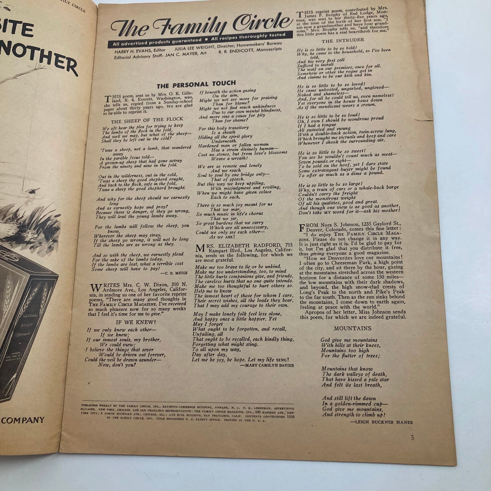 Interior page of VTG The Family Circle Magazine June 10, 1938 displaying articles and illustrations related to family life.