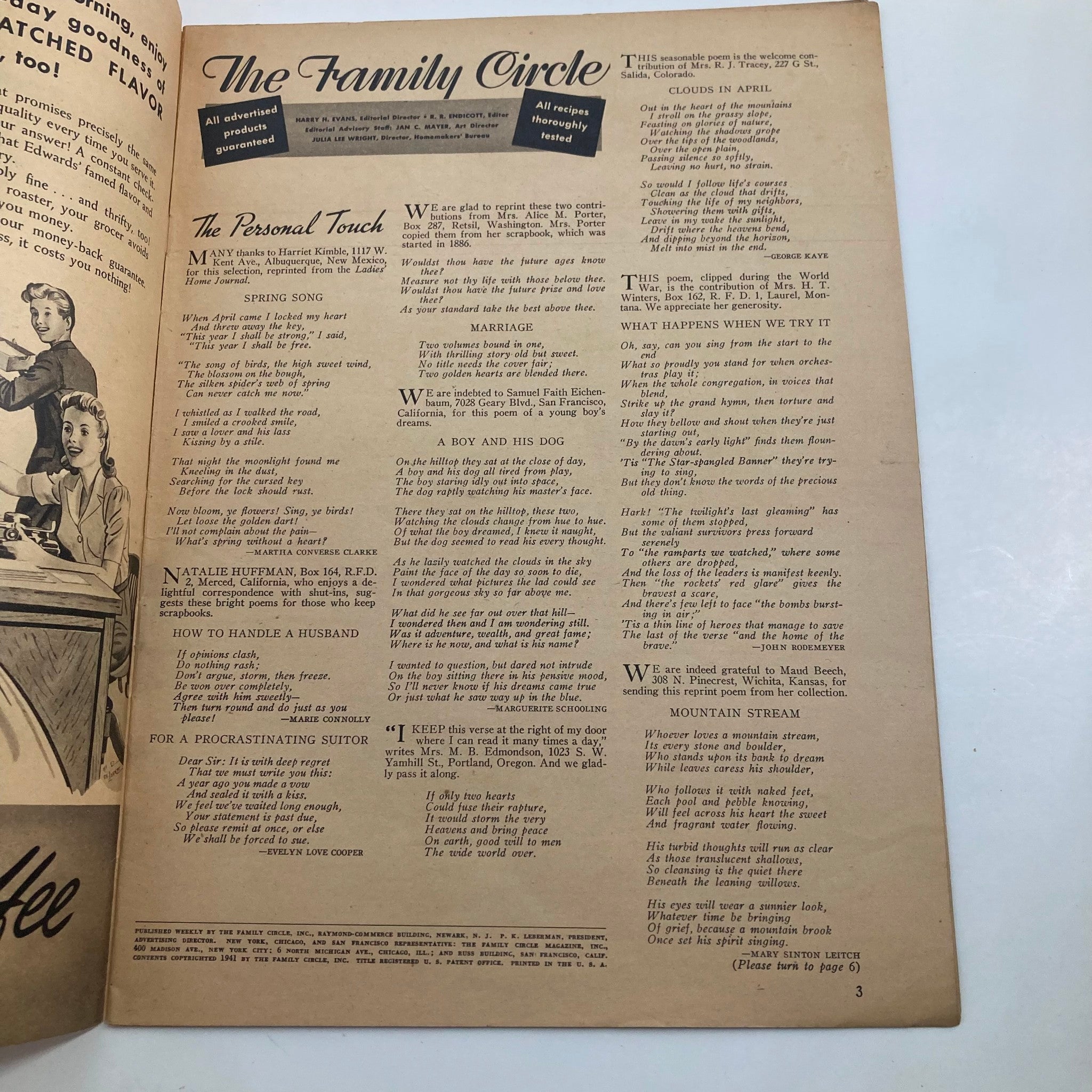 Inside page of The Family Circle Magazine dated April 25, 1941 showcasing various articles including 'Spring Song' and 'How to Handle a Husband'.